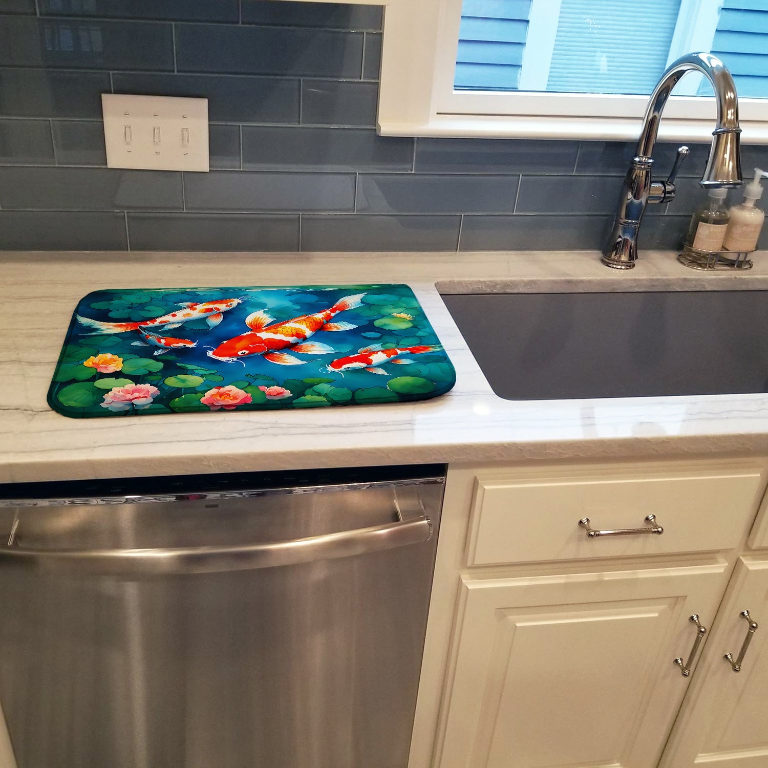 Koi Fish Dish Drying Mat Absorbent Dish Drying Mat Pad for Kitchen Counter Dish Drainer Mat for Countertop, 14 x 21", Multicolor