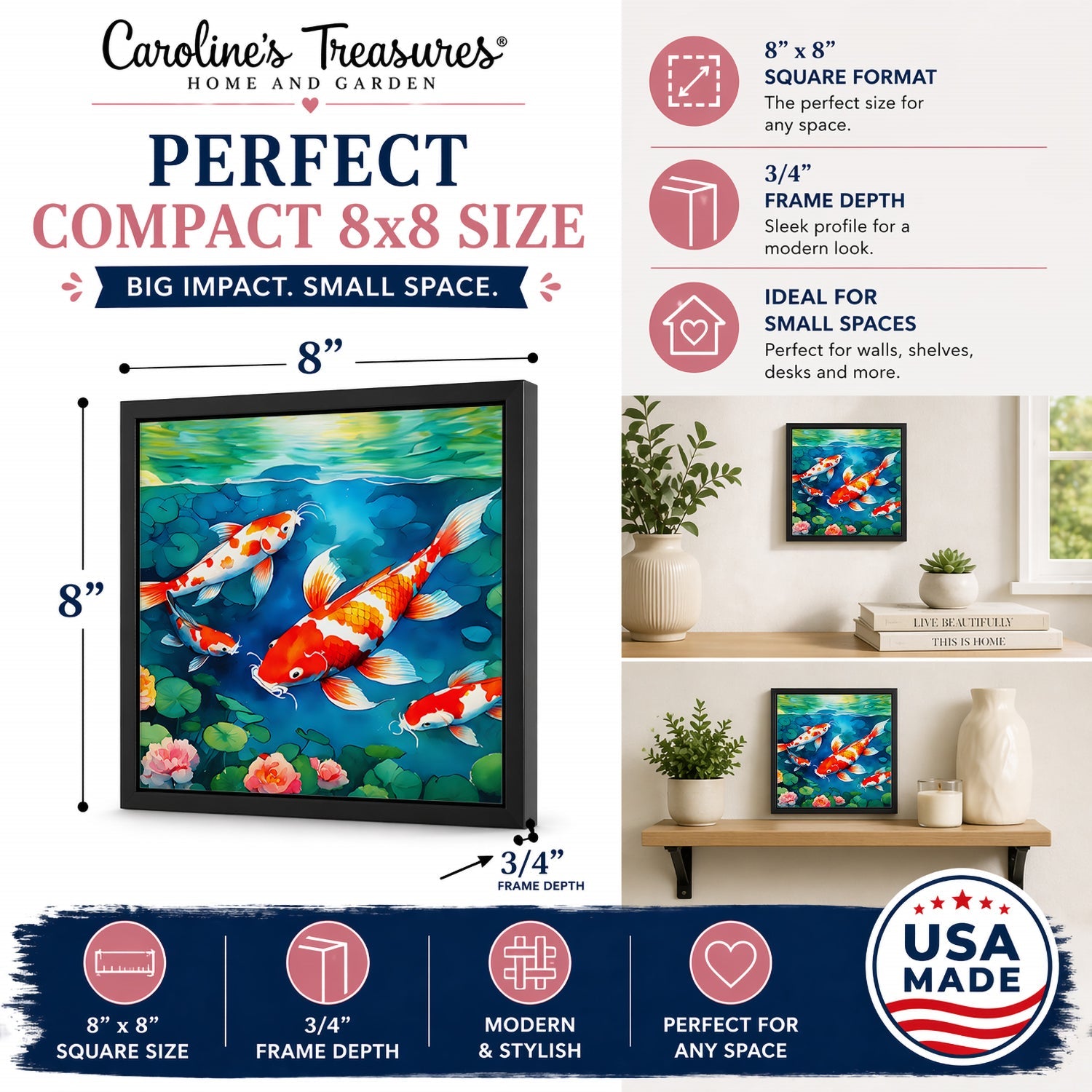 Koi Fish Framed Metal Print Bathroom, Kitchen, Office, Home Decor Wall Art Ready to Hang, Square, 8X8