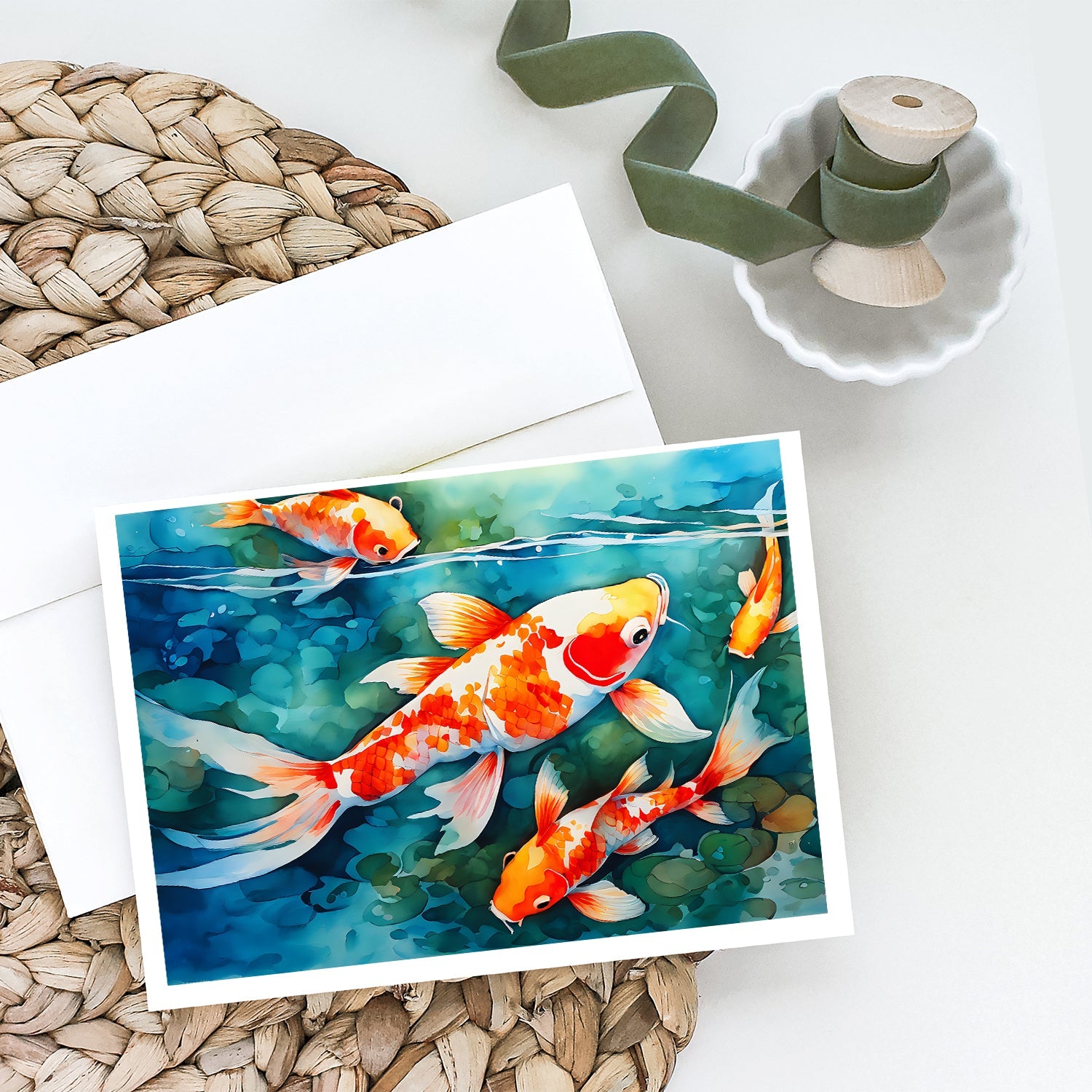 Koi Fish Greeting Cards Pack of 8 Blank Cards with Envelopes Whimsical A7 Size 5x7