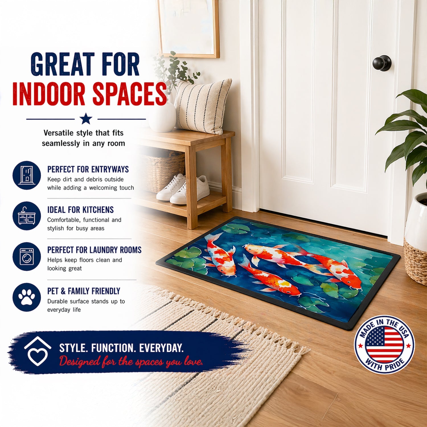 Koi Fish Doormat Indoor Outdoor 24H X 36W Front Door Mat Rugs for Entryway, Non Slip Washable Low Pile,