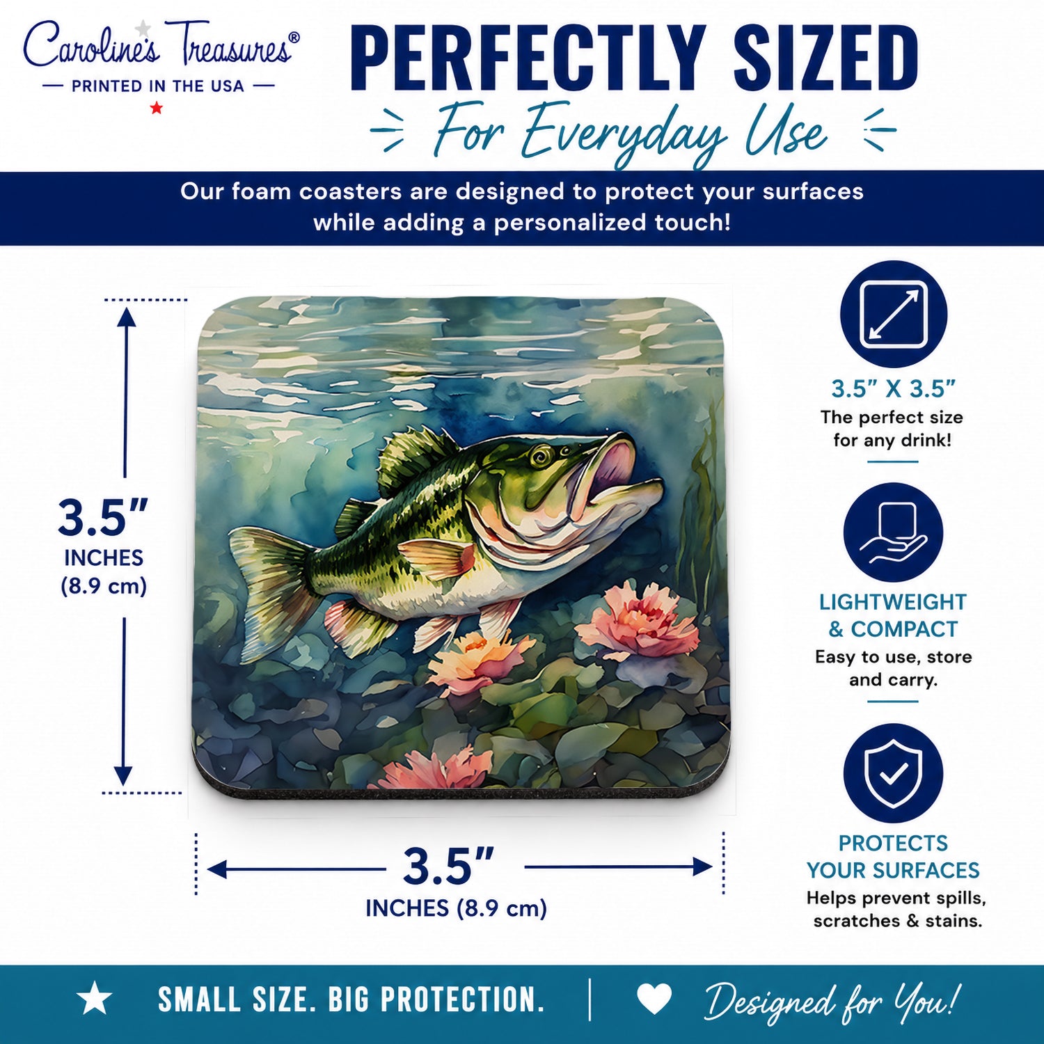 Largemouth Bass Foam Coasters Set of 4 Cup Coasters for Indoor Outdoor, Tabletop Protection, Anti Slip, Mouse pad Material