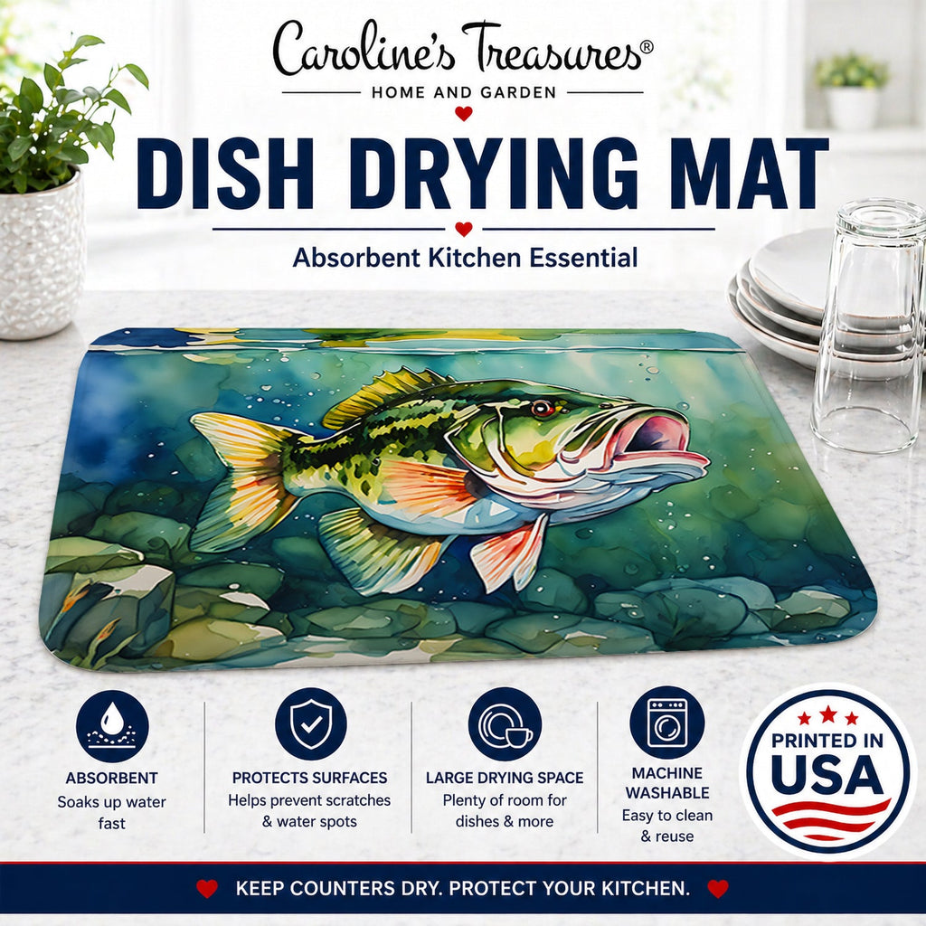 Largemouth Bass Dish Drying Mat Absorbent Dish Drying Mat Pad for Kitchen Counter Dish Drainer Mat for Countertop, 14 x 21", Multicolor