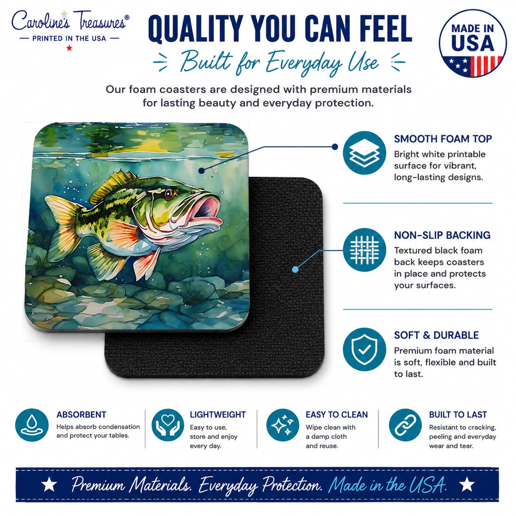Largemouth Bass Foam Coasters Set of 4 Cup Coasters for Indoor Outdoor, Tabletop Protection, Anti Slip, Mouse pad Material