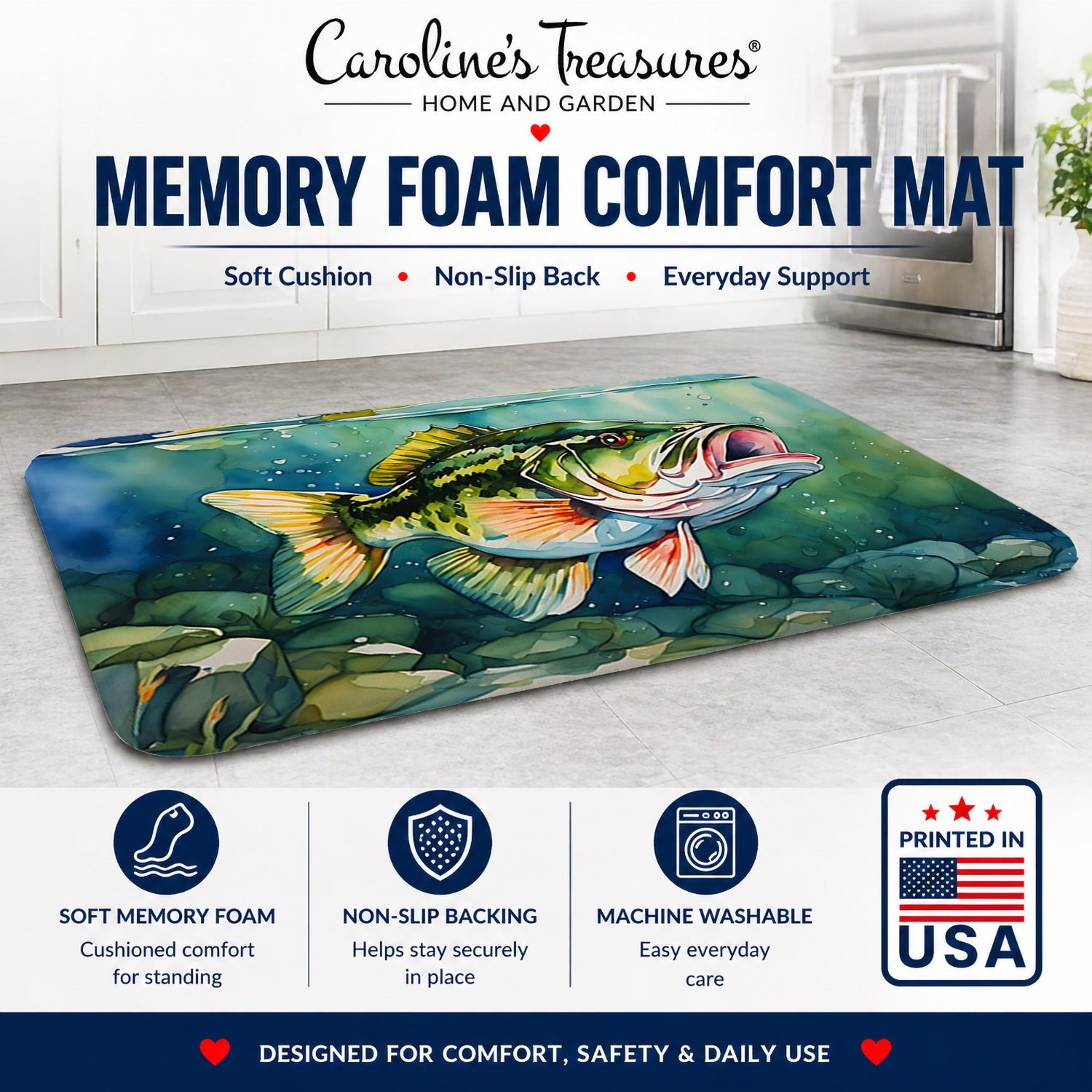Largemouth Bass Memory Foam Kitchen Mat Machine Washable Anti-Fatigue Cushion Comfort Bath or Kitchen Rug
