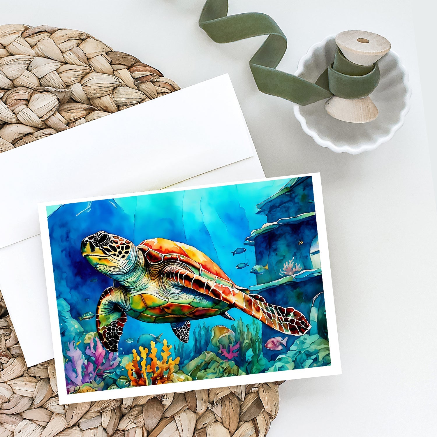 Loggerhead Sea Turtle Greeting Cards Pack of 8 Blank Cards with Envelopes Whimsical A7 Size 5x7