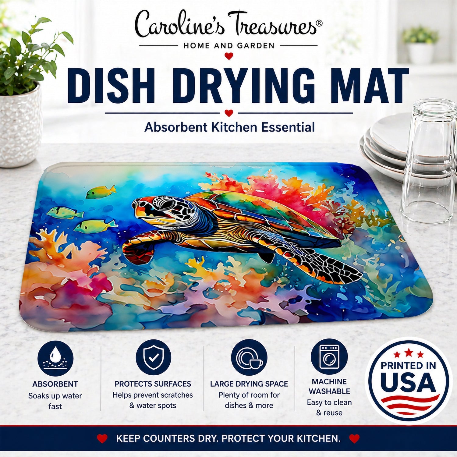 Loggerhead Sea Turtle Dish Drying Mat Absorbent Dish Drying Mat Pad for Kitchen Counter Dish Drainer Mat for Countertop, 14 x 21", Multicolor