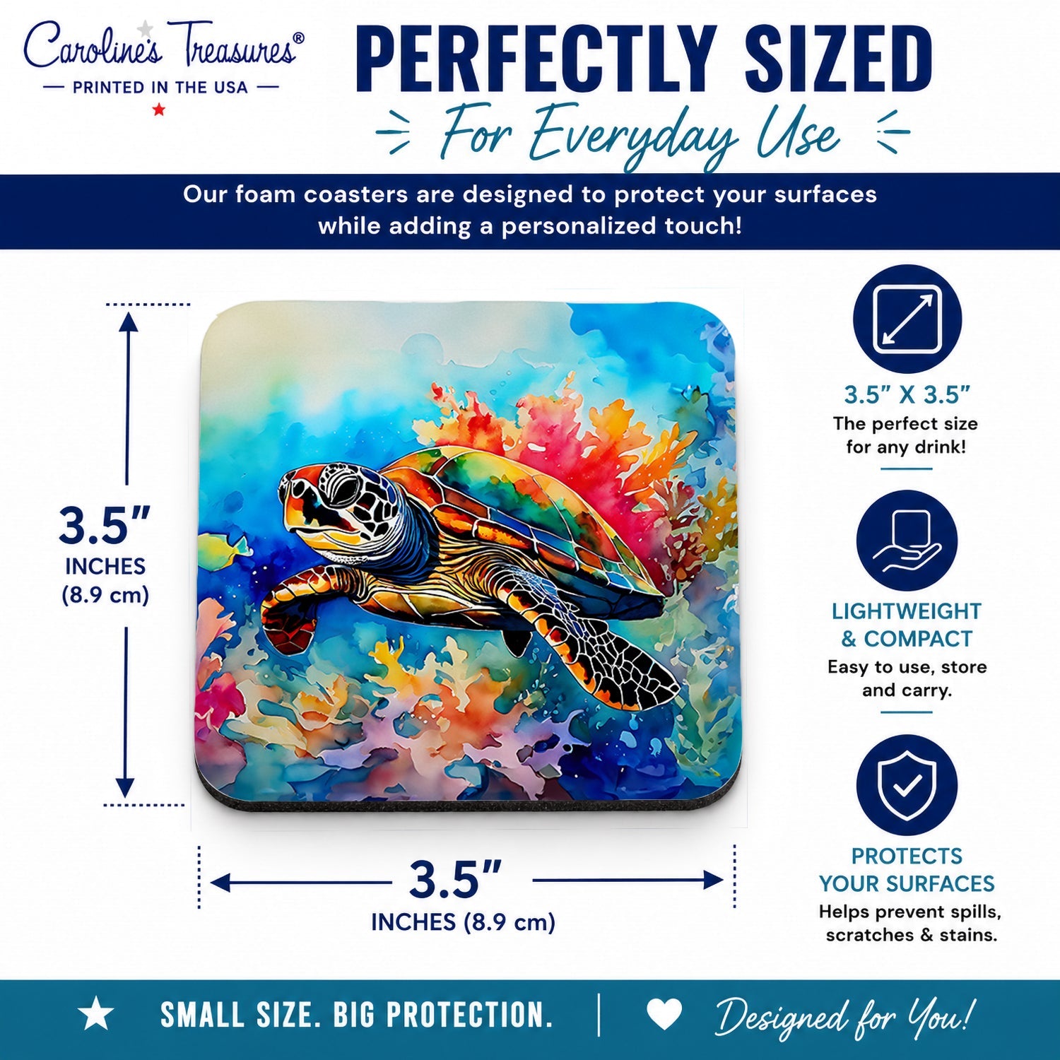 Loggerhead Sea Turtle Foam Coasters Set of 4 Cup Coasters for Indoor Outdoor, Tabletop Protection, Anti Slip, Mouse pad Material