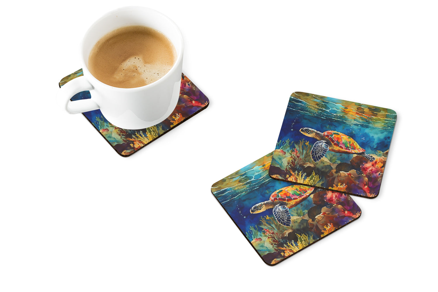 Loggerhead Sea Turtle Foam Coasters Set of 4 Cup Coasters for Indoor Outdoor, Tabletop Protection, Anti Slip, Mouse pad Material