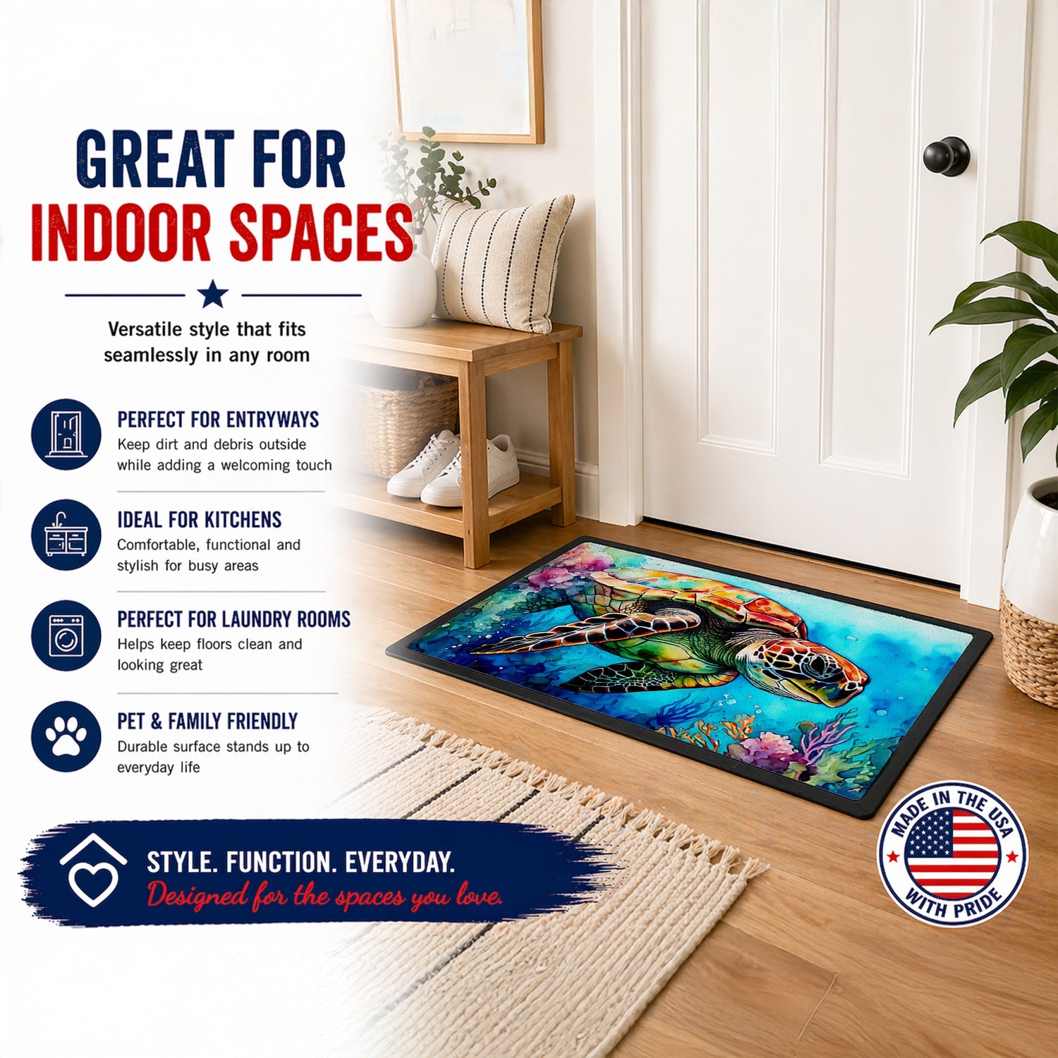 Loggerhead Sea Turtle Doormat Indoor Outdoor 18H X 27W Front Door Mat Rugs for Entryway, Non Slip Washable
