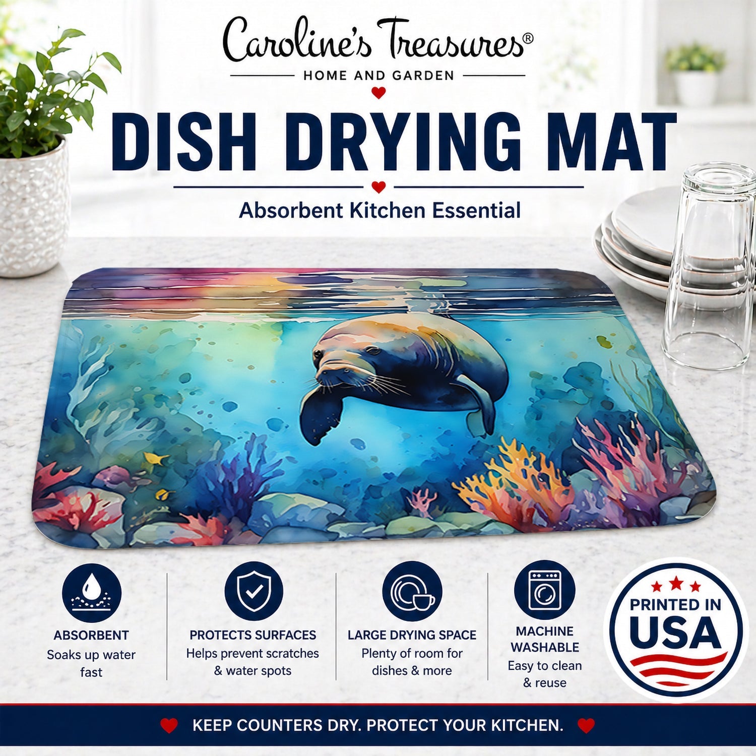 Manatee Dish Drying Mat Absorbent Dish Drying Mat Pad for Kitchen Counter Dish Drainer Mat for Countertop, 14 x 21", Multicolor