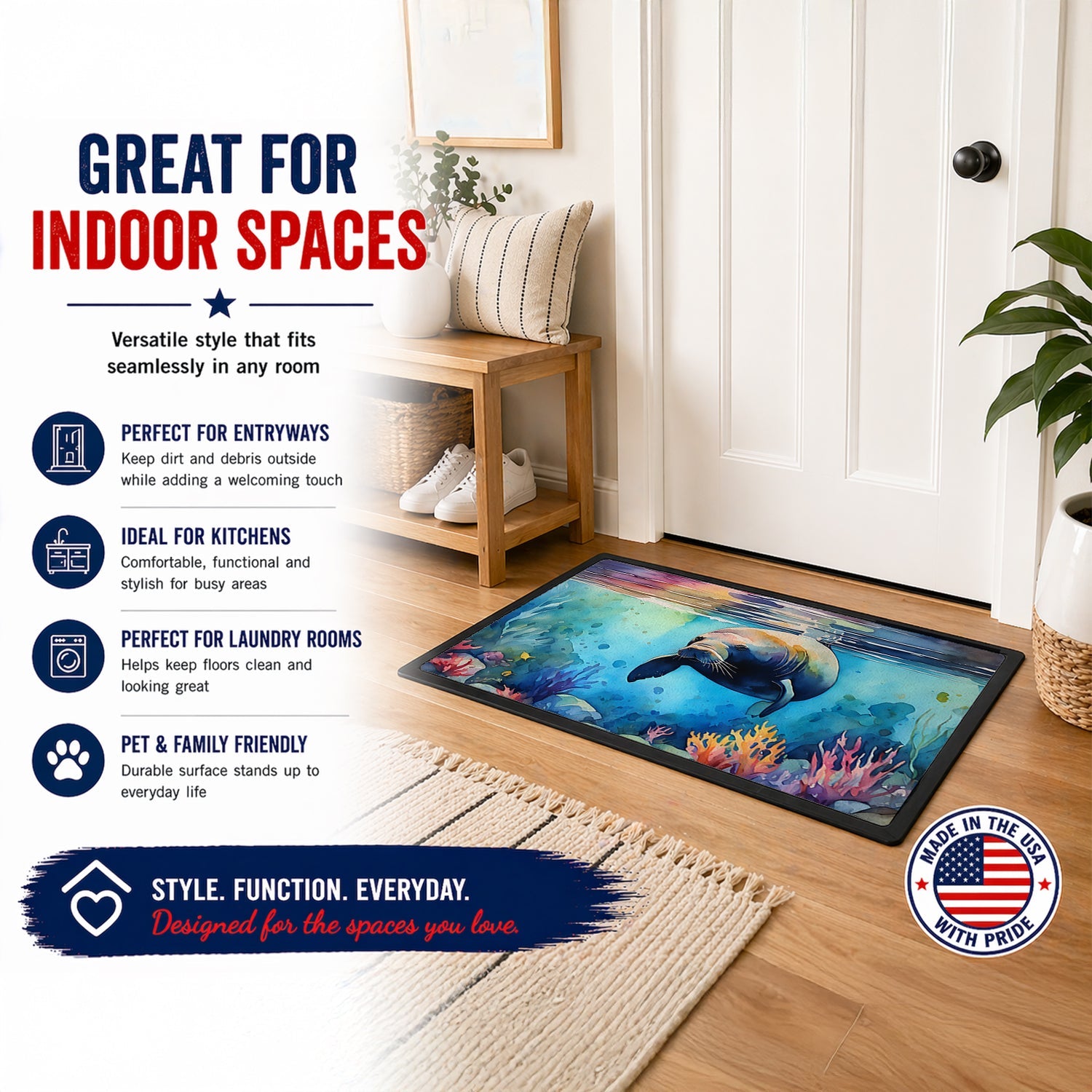 Manatee Doormat Indoor Outdoor 18H X 27W Front Door Mat Rugs for Entryway, Non Slip Washable