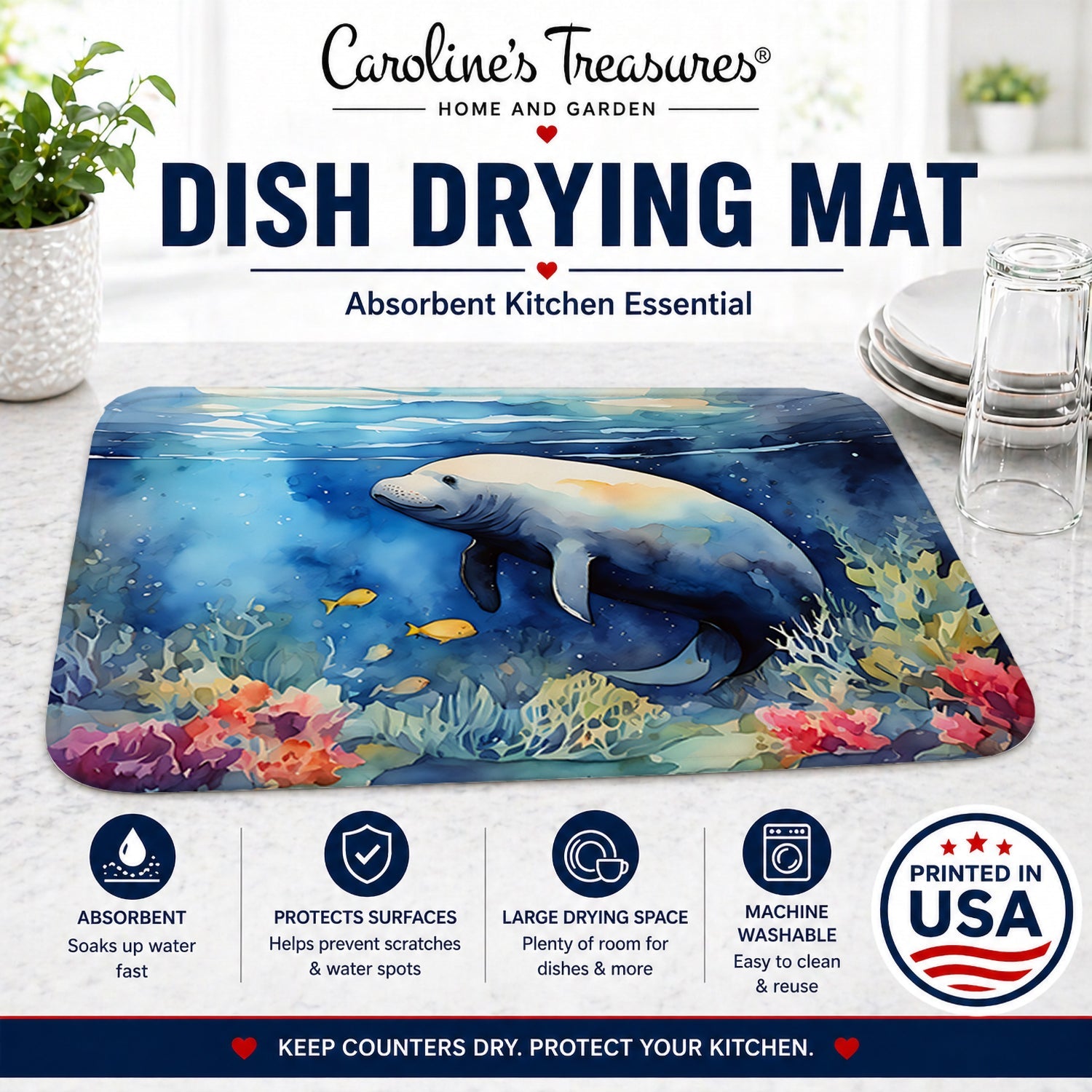 Manatee Dish Drying Mat Absorbent Dish Drying Mat Pad for Kitchen Counter Dish Drainer Mat for Countertop, 14 x 21", Multicolor