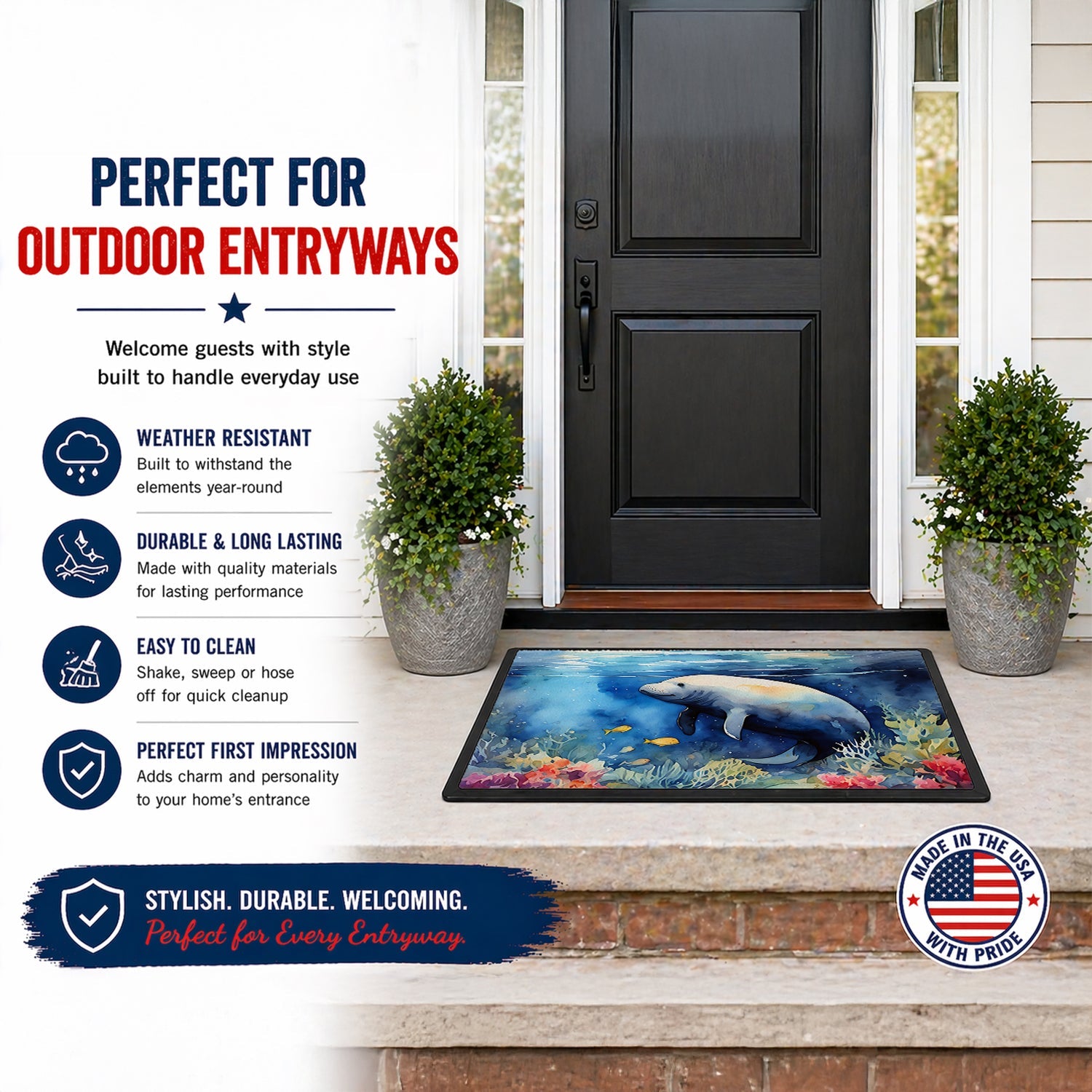 Manatee Doormat Indoor Outdoor 24H X 36W Front Door Mat Rugs for Entryway, Non Slip Washable Low Pile,