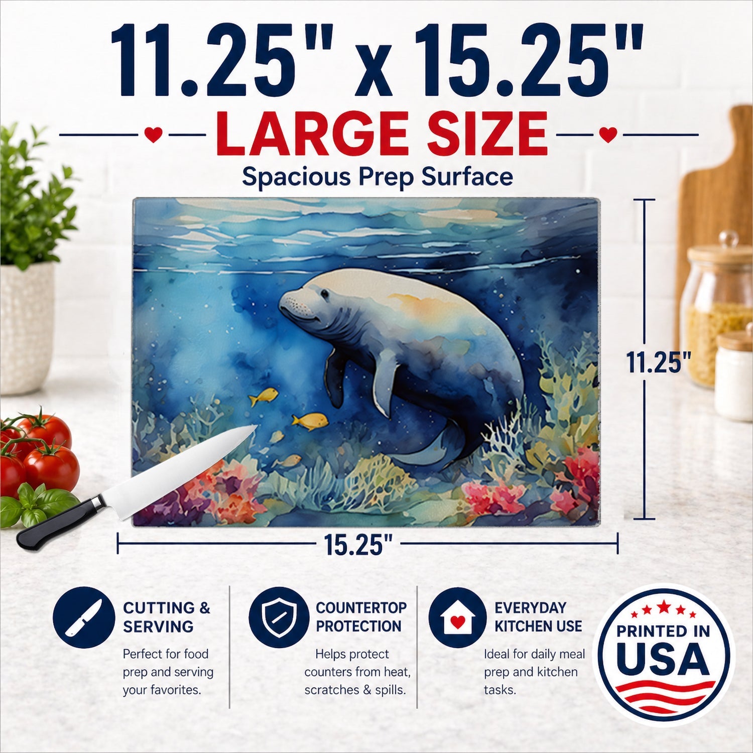 Manatee Cutting Board Tempered Glass Kitchen Cutting Surface, Heat Resistant Chopping, Non-Slip Feet, Food Prep & Serving