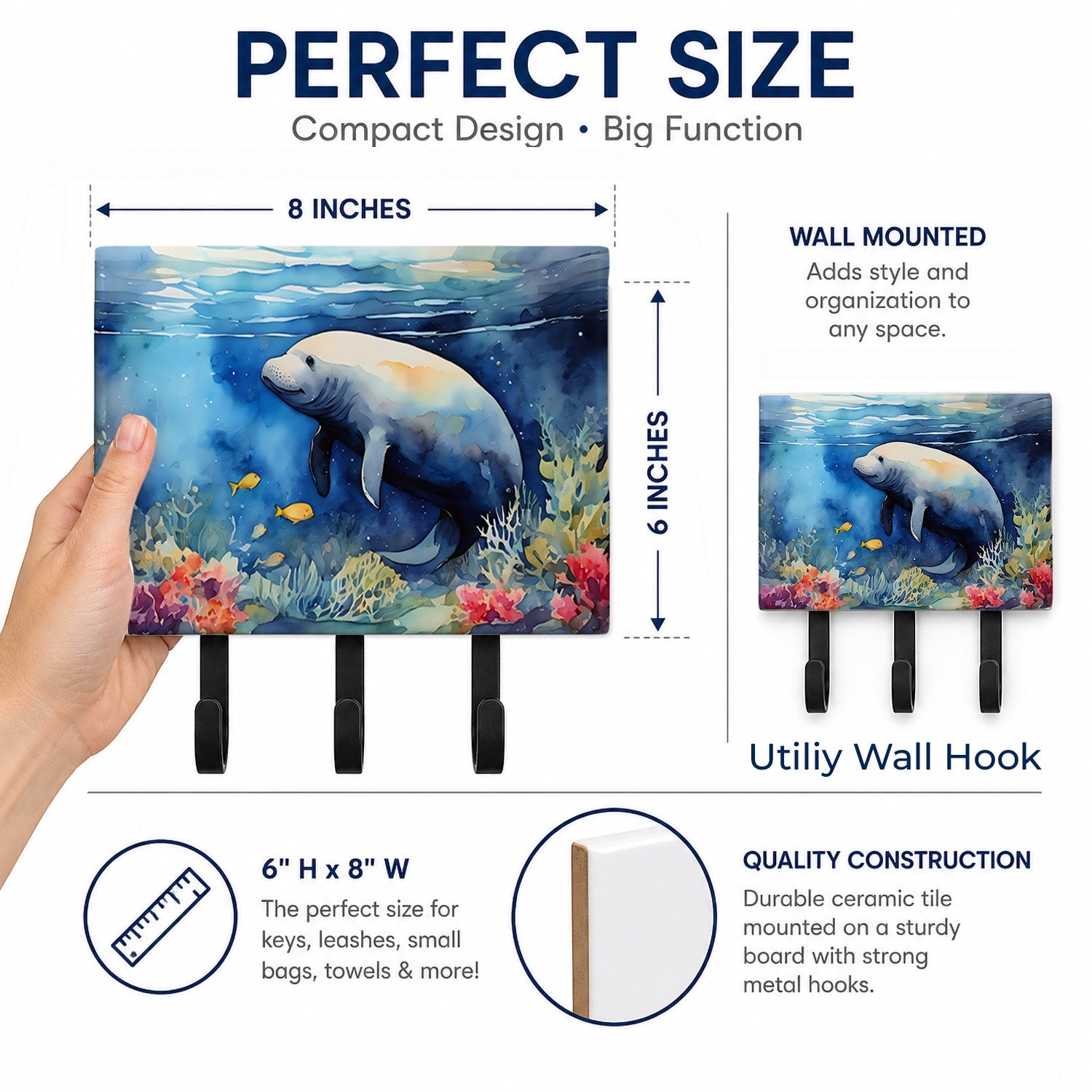 Manatee Leash or Key Holder Wall Hooks, Coat Rack Wall Mount, for Hanging Keys, Towels, Aprons, Leashes