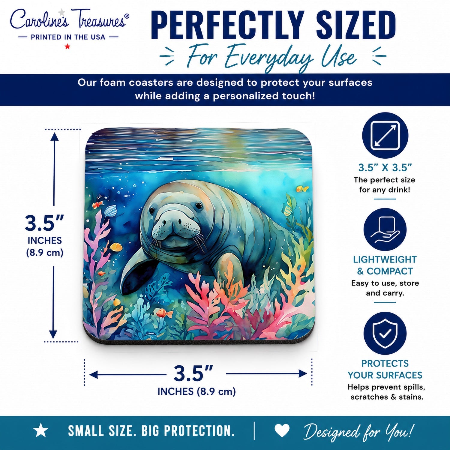Manatee Foam Coasters Set of 4 Cup Coasters for Indoor Outdoor, Tabletop Protection, Anti Slip, Mouse pad Material