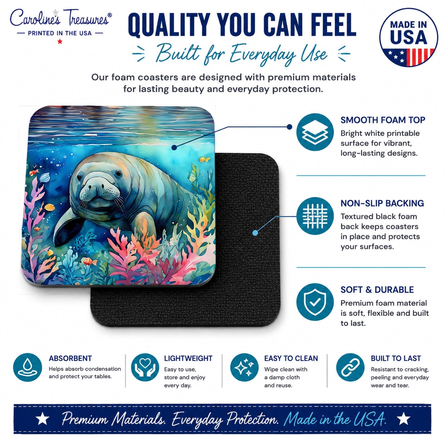 Manatee Foam Coasters Set of 4 Cup Coasters for Indoor Outdoor, Tabletop Protection, Anti Slip, Mouse pad Material
