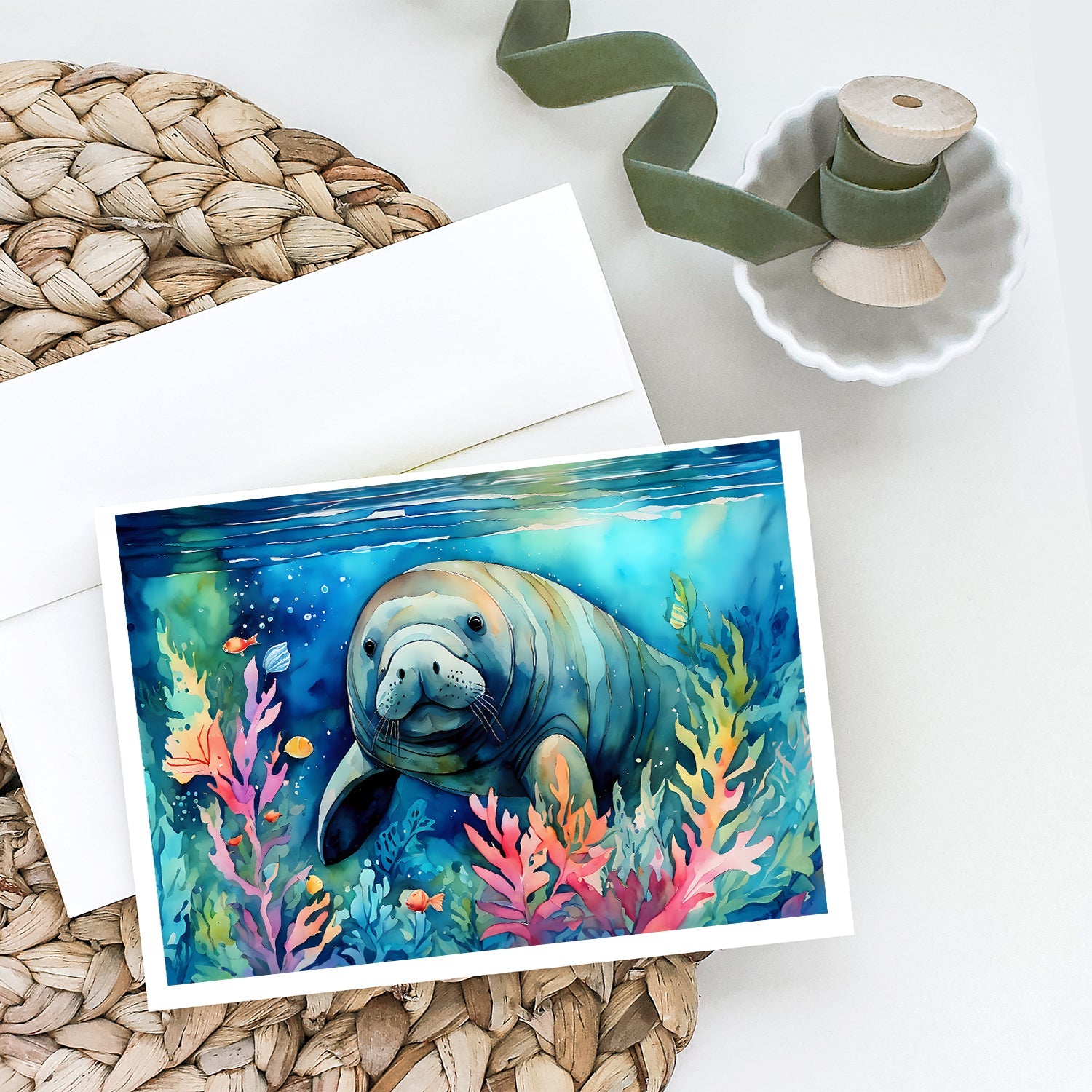 Manatee Greeting Cards Pack of 8 Blank Cards with Envelopes Whimsical A7 Size 5x7