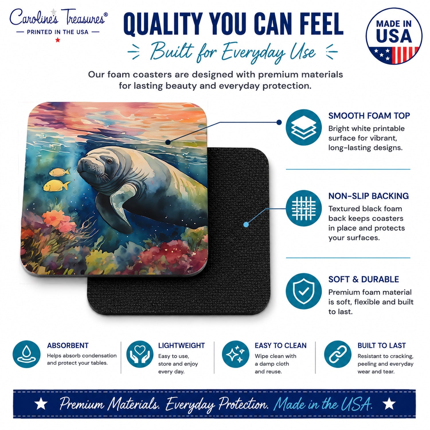 Manatee Foam Coasters Set of 4 Cup Coasters for Indoor Outdoor, Tabletop Protection, Anti Slip, Mouse pad Material