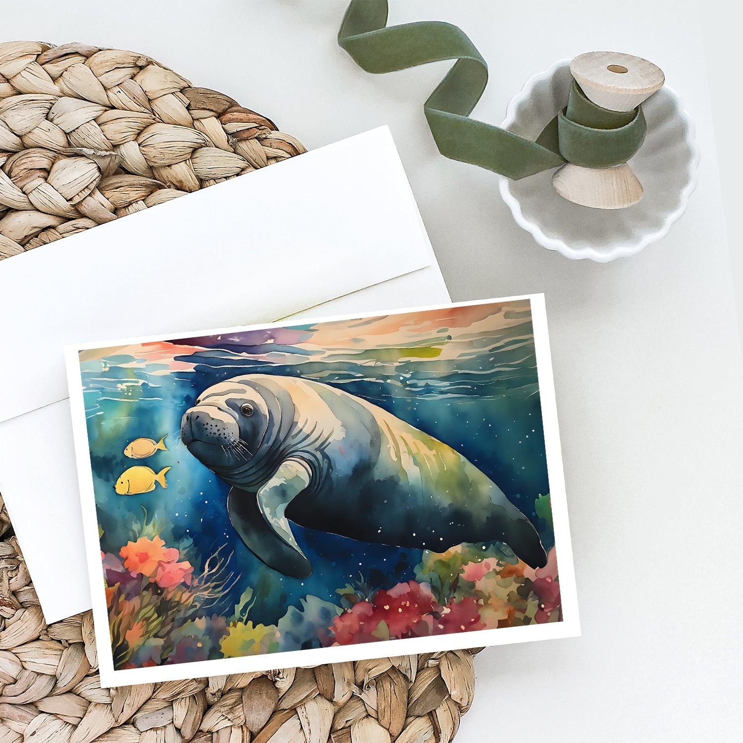 Manatee Greeting Cards Pack of 8 Blank Cards with Envelopes Whimsical A7 Size 5x7