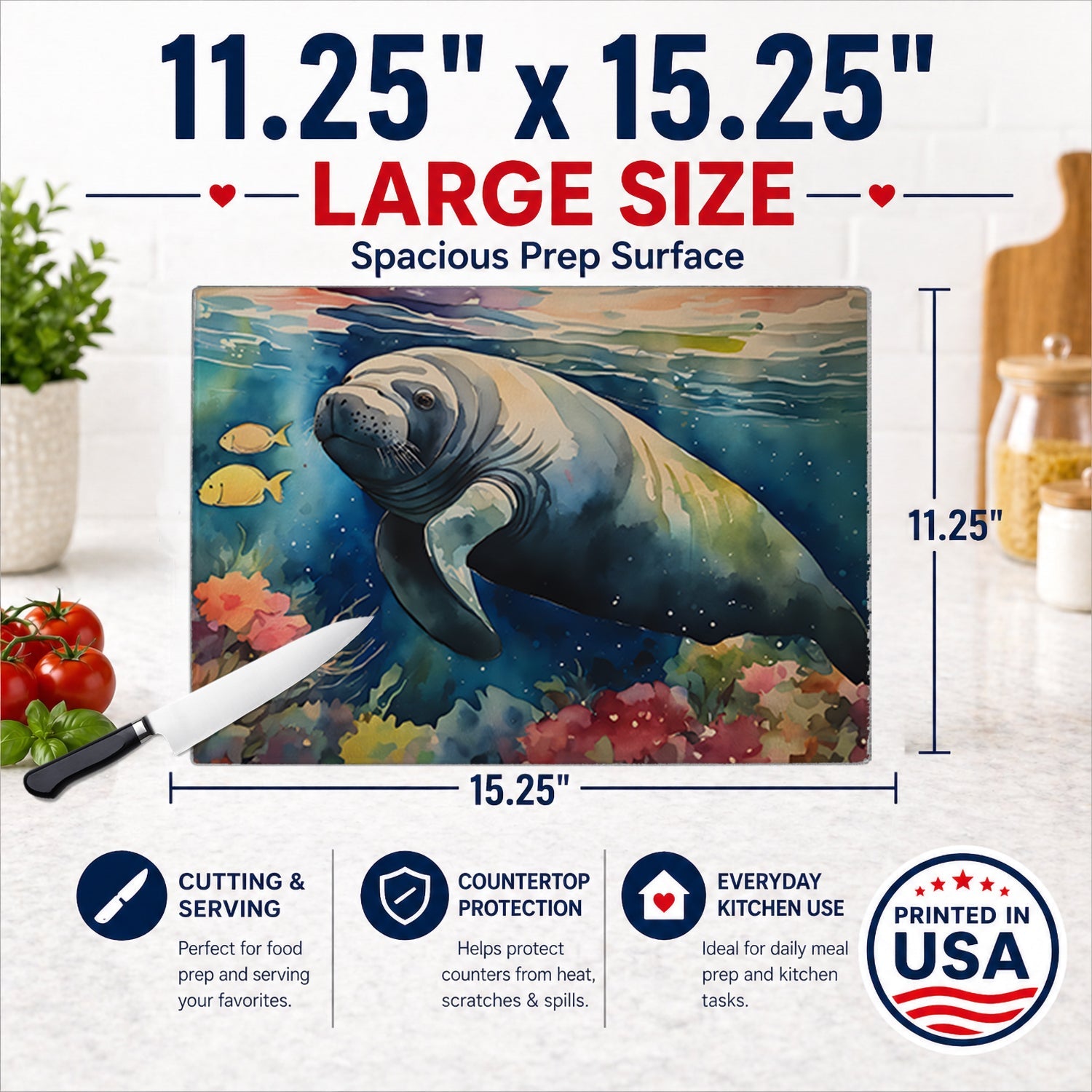 Manatee Cutting Board Tempered Glass Kitchen Cutting Surface, Heat Resistant Chopping, Non-Slip Feet, Food Prep & Serving