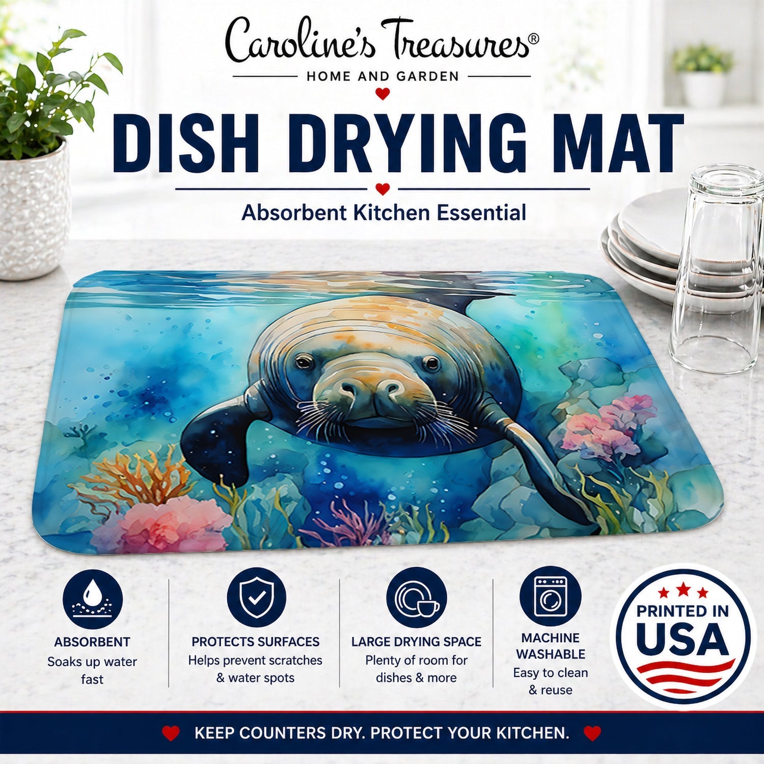 Manatee Dish Drying Mat Absorbent Dish Drying Mat Pad for Kitchen Counter Dish Drainer Mat for Countertop, 14 x 21", Multicolor
