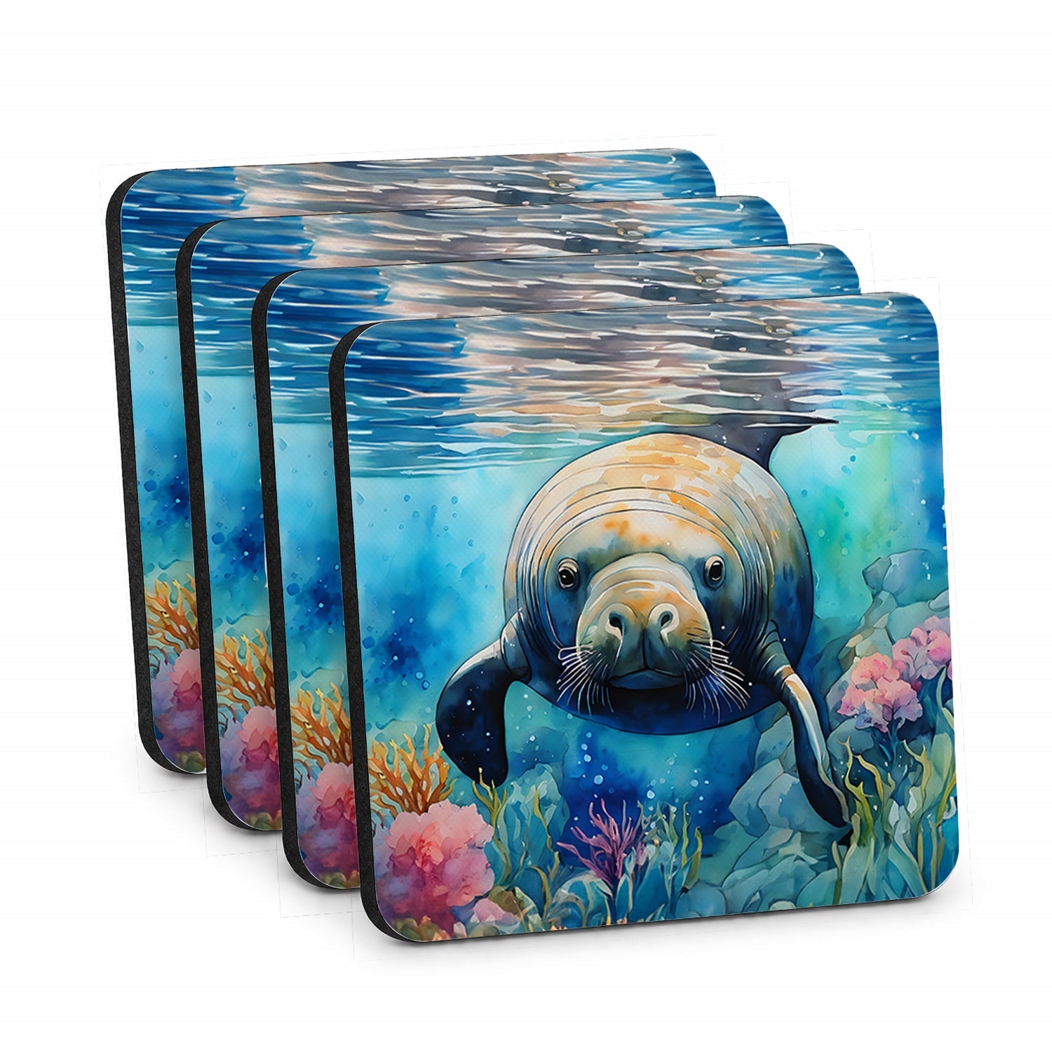 Manatee Foam Coasters Set of 4 Cup Coasters for Indoor Outdoor, Tabletop Protection, Anti Slip, Mouse pad Material