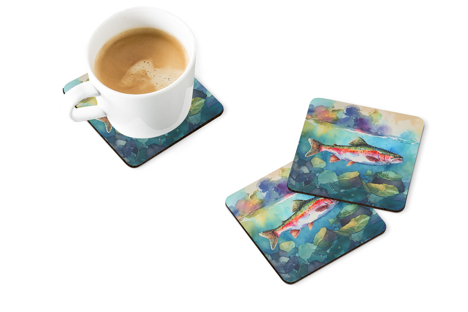 Rainbow Trout Foam Coasters Set of 4 Cup Coasters for Indoor Outdoor, Tabletop Protection, Anti Slip, Mouse pad Material