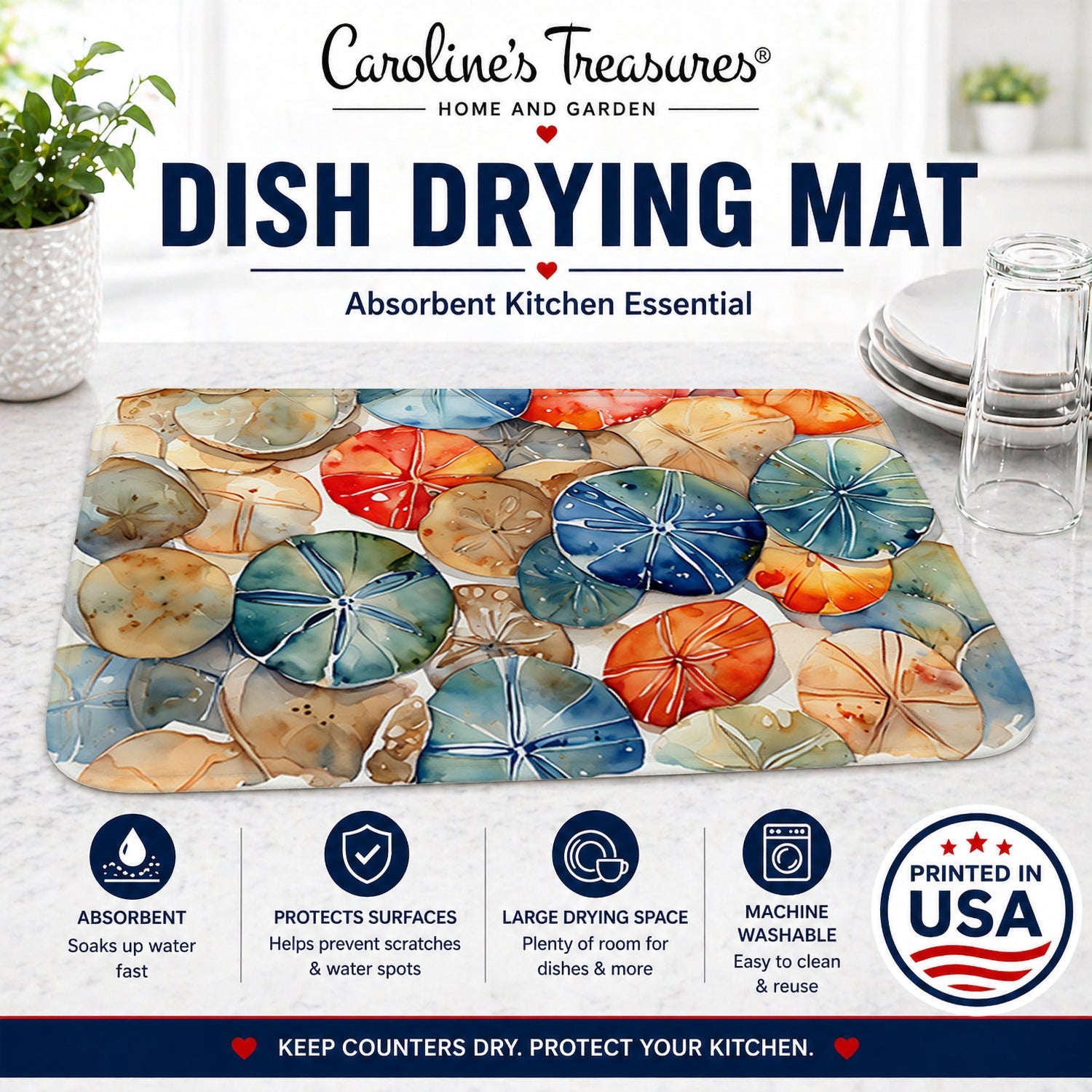 Sand Dollars Dish Drying Mat Absorbent Dish Drying Mat Pad for Kitchen Counter Dish Drainer Mat for Countertop, 14 x 21", Multicolor