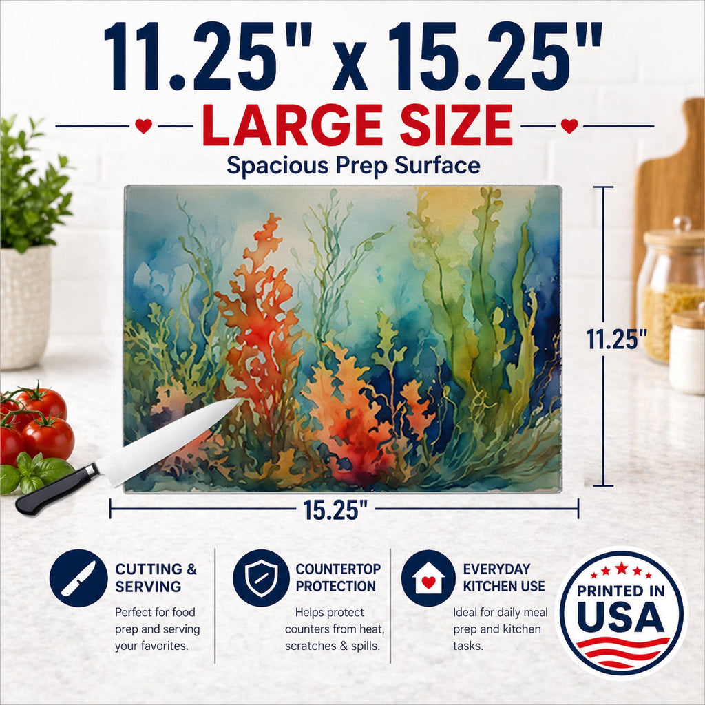 Seaweed Cutting Board Tempered Glass Kitchen Cutting Surface, Heat Resistant Chopping, Non-Slip Feet, Food Prep & Serving