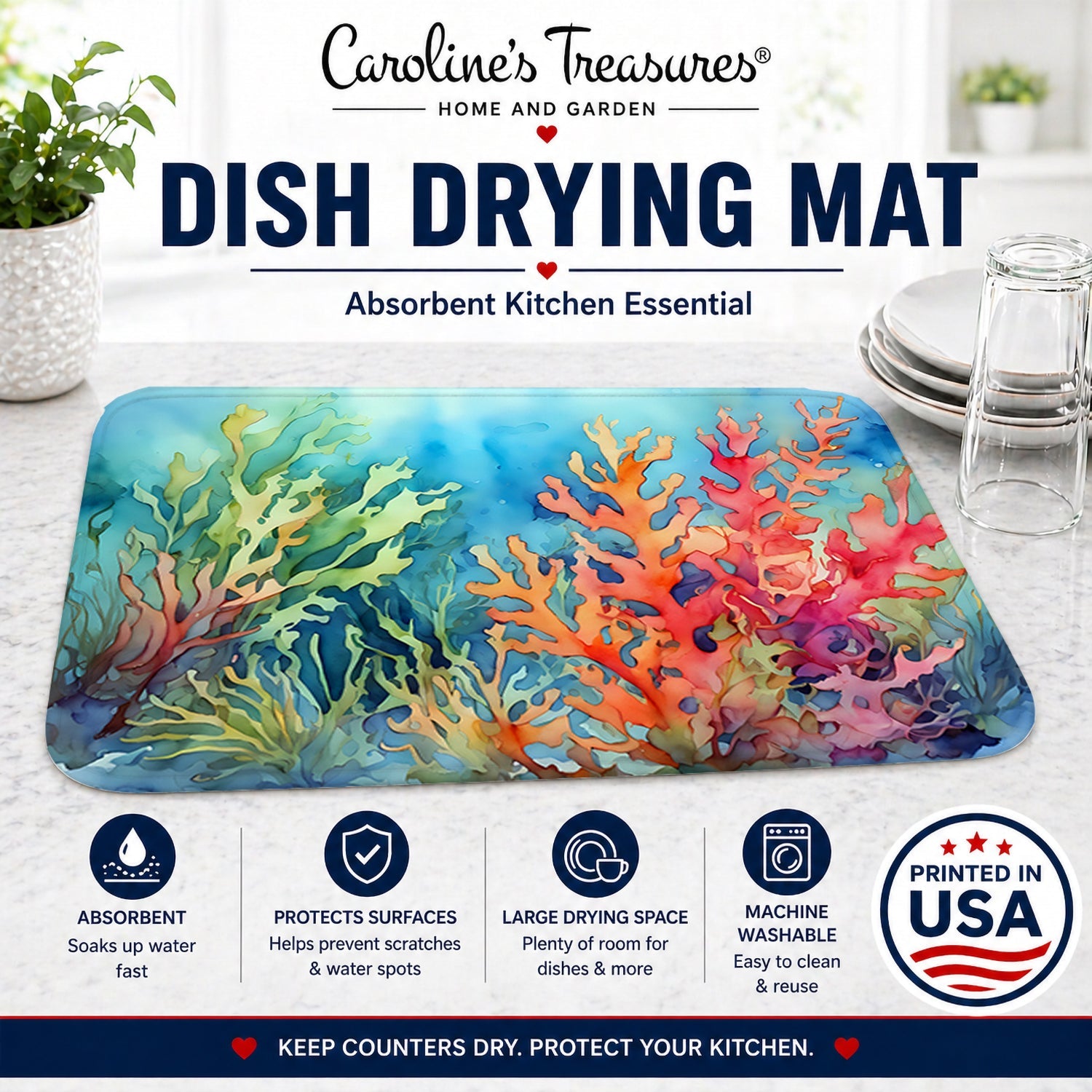 Seaweed Dish Drying Mat Absorbent Dish Drying Mat Pad for Kitchen Counter Dish Drainer Mat for Countertop, 14 x 21", Multicolor