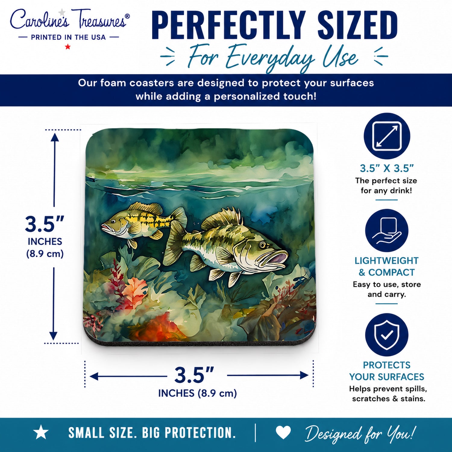 Smallmouth Bass Foam Coasters Set of 4 Cup Coasters for Indoor Outdoor, Tabletop Protection, Anti Slip, Mouse pad Material