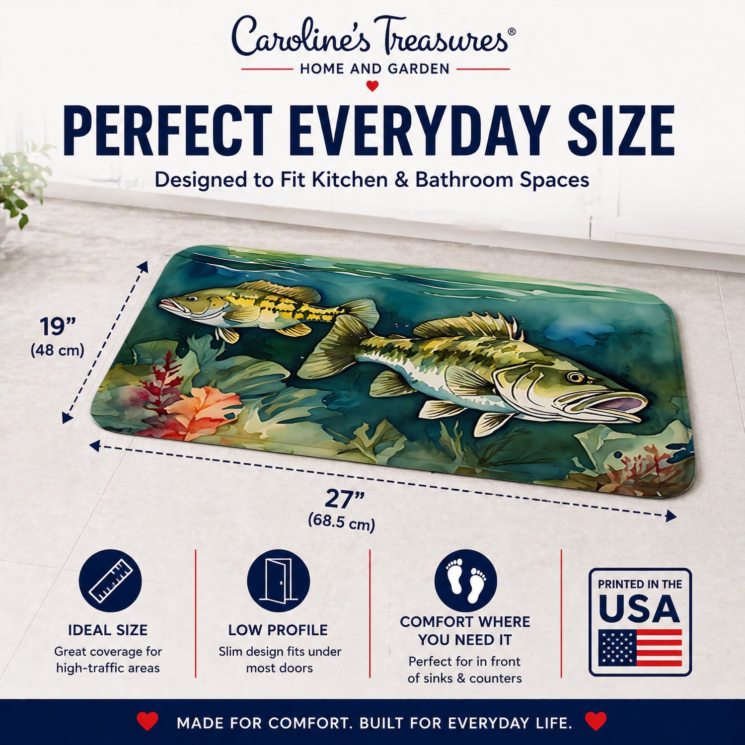 Smallmouth Bass Memory Foam Kitchen Mat Machine Washable Anti-Fatigue Cushion Comfort Bath or Kitchen Rug