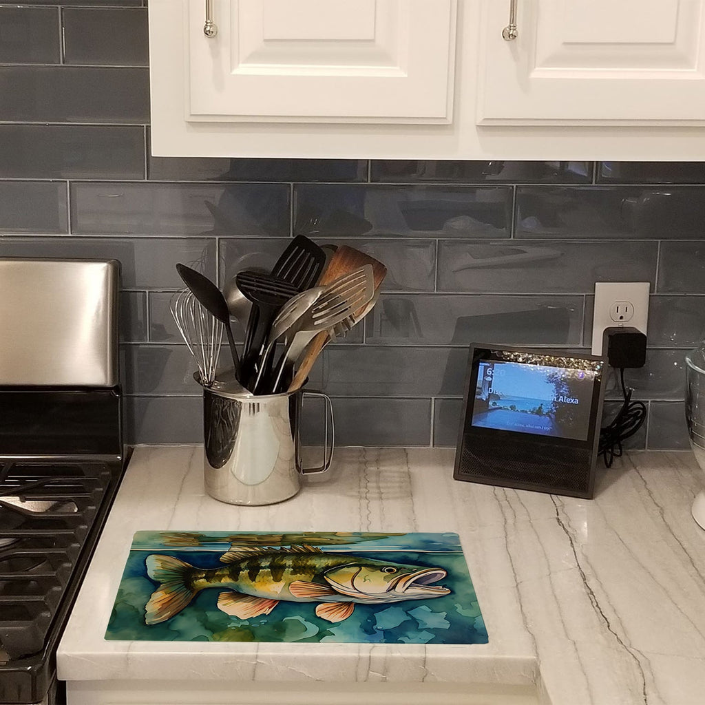 Smallmouth Bass Cutting Board Tempered Glass Kitchen Cutting Surface, Heat Resistant Chopping, Non-Slip Feet, Food Prep & Serving