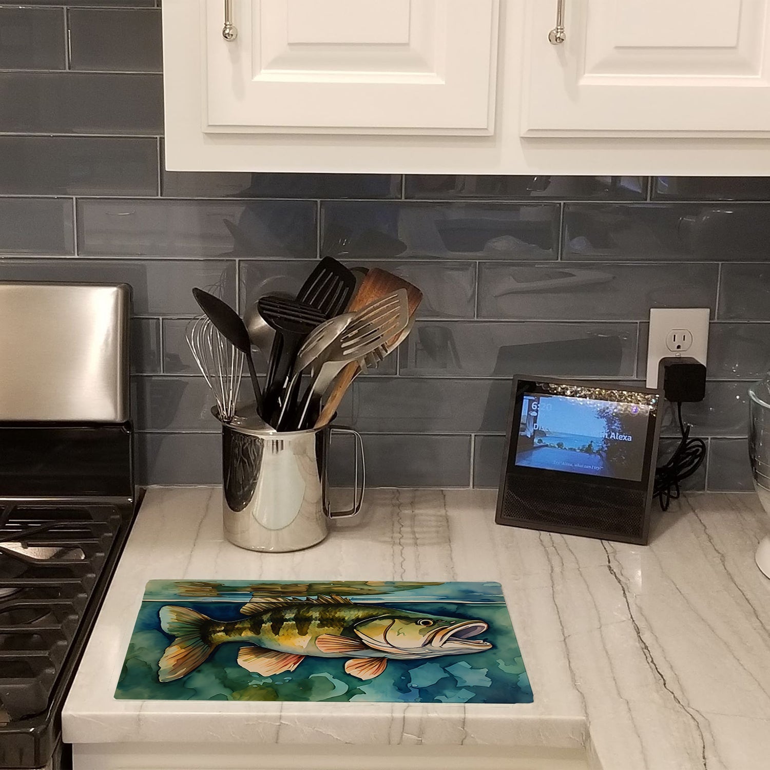 Smallmouth Bass Cutting Board Tempered Glass Kitchen Cutting Surface, Heat Resistant Chopping, Non-Slip Feet, Food Prep & Serving