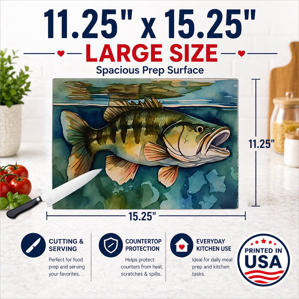 Smallmouth Bass Cutting Board Tempered Glass Kitchen Cutting Surface, Heat Resistant Chopping, Non-Slip Feet, Food Prep & Serving