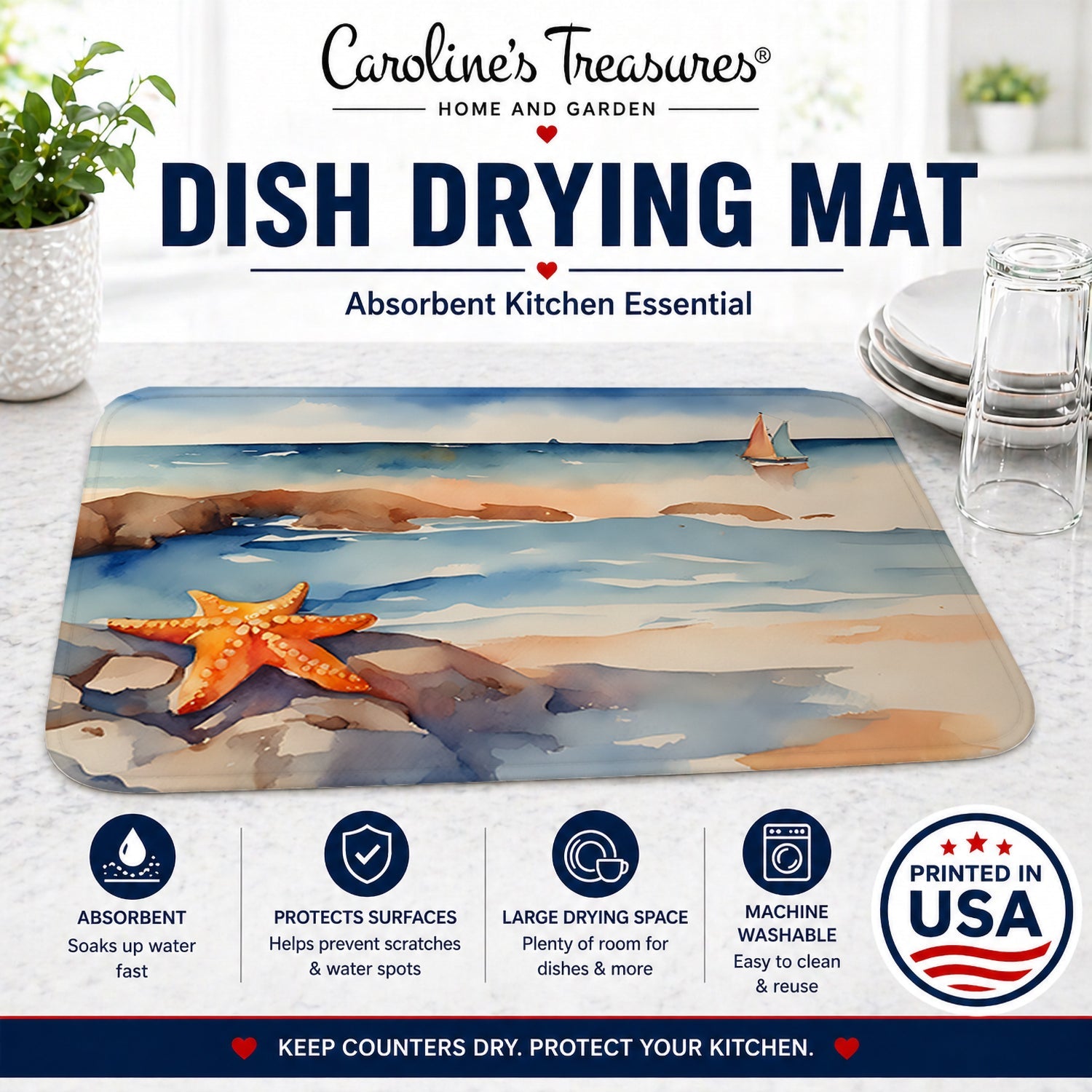 Starfish Dish Drying Mat Absorbent Dish Drying Mat Pad for Kitchen Counter Dish Drainer Mat for Countertop, 14 x 21", Multicolor