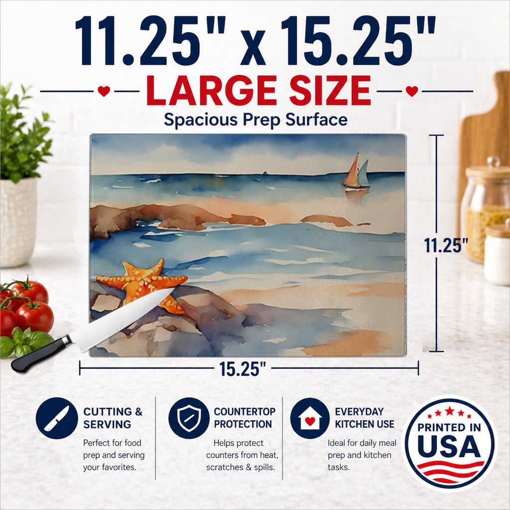 Starfish Cutting Board Tempered Glass Kitchen Cutting Surface, Heat Resistant Chopping, Non-Slip Feet, Food Prep & Serving