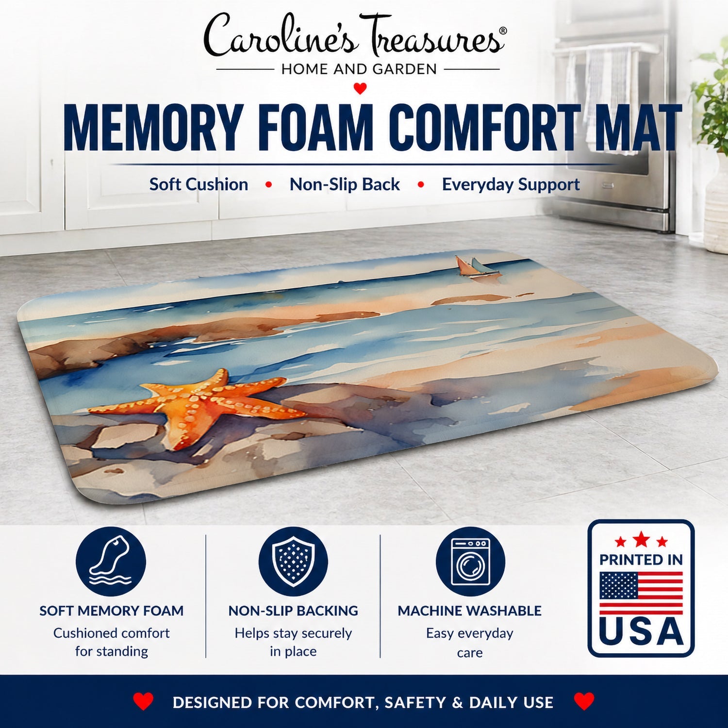 Starfish Memory Foam Kitchen Mat Machine Washable Anti-Fatigue Cushion Comfort Bath or Kitchen Rug