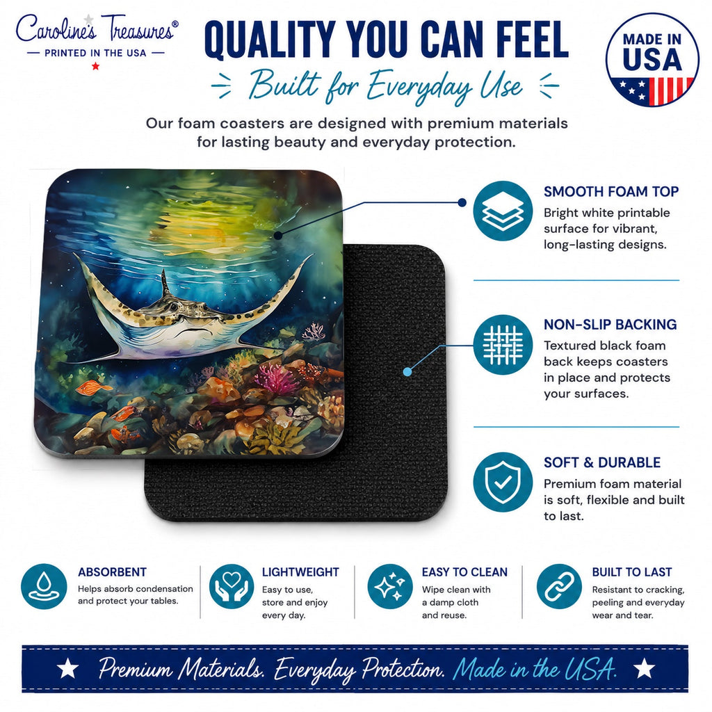 Sting Ray Foam Coasters Set of 4 Cup Coasters for Indoor Outdoor, Tabletop Protection, Anti Slip, Mouse pad Material