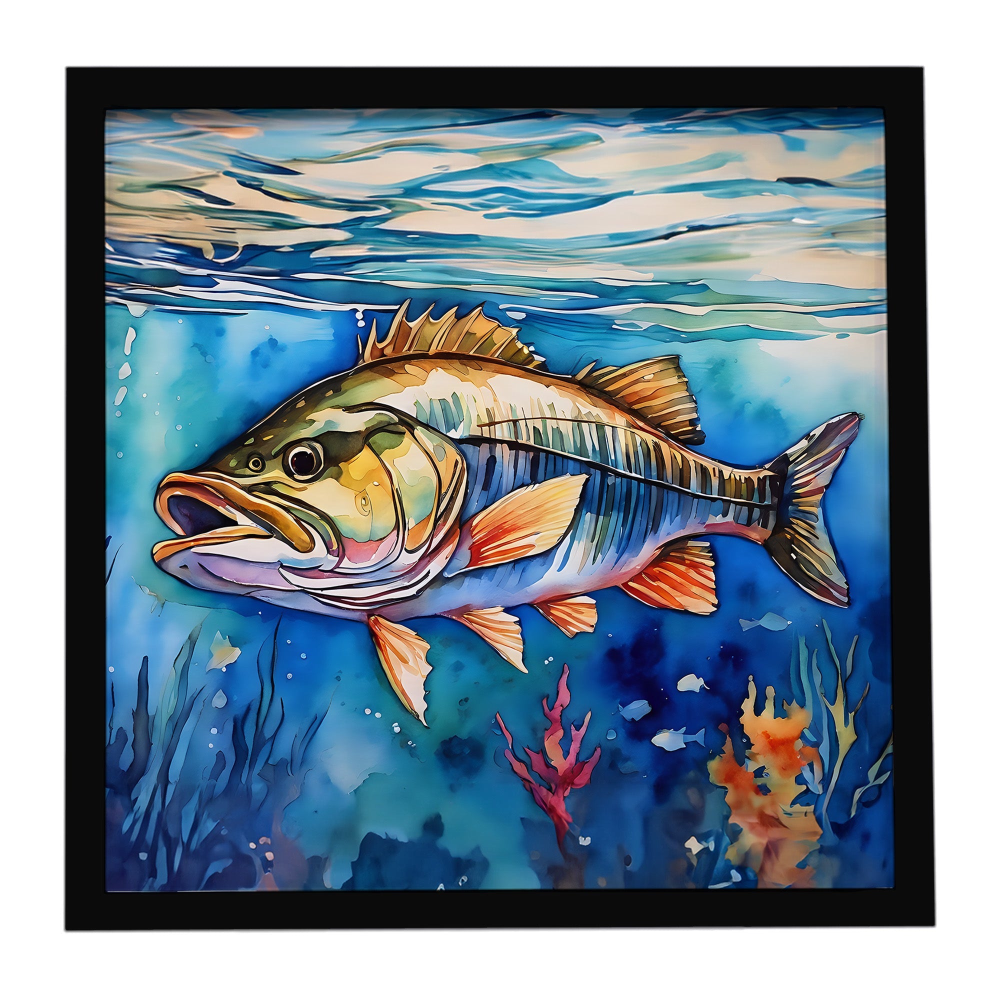 Striped Bass Framed Metal Print Bathroom, Kitchen, Office, Home Decor Wall Art Ready to Hang, Square, 8X8