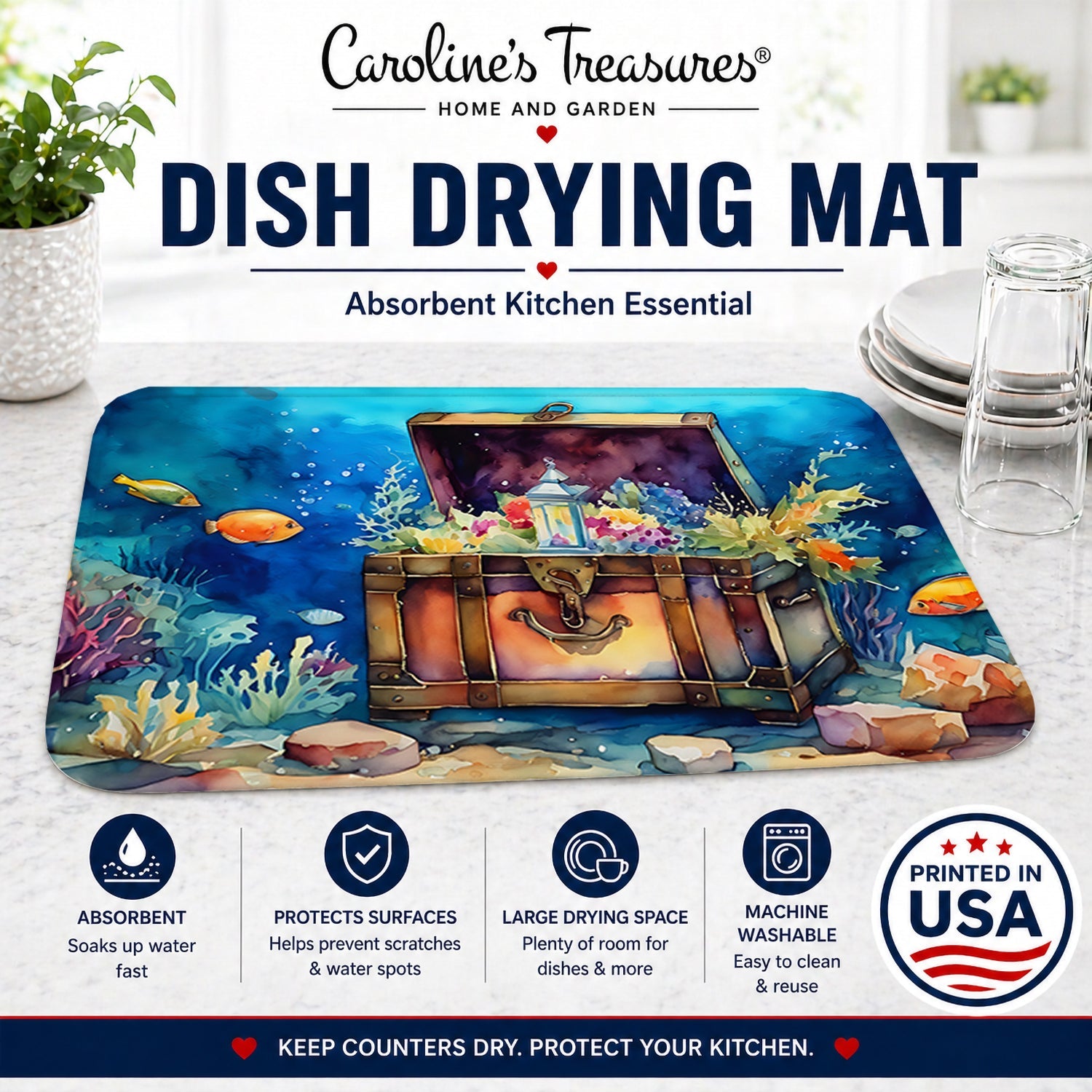 Treasure Chest Dish Drying Mat Absorbent Dish Drying Mat Pad for Kitchen Counter Dish Drainer Mat for Countertop, 14 x 21", Multicolor