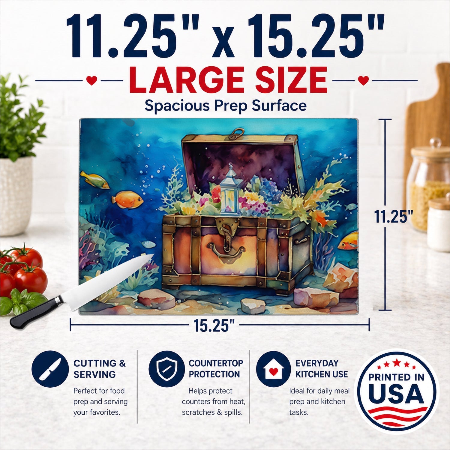 Treasure Chest Cutting Board Tempered Glass Kitchen Cutting Surface, Heat Resistant Chopping, Non-Slip Feet, Food Prep & Serving