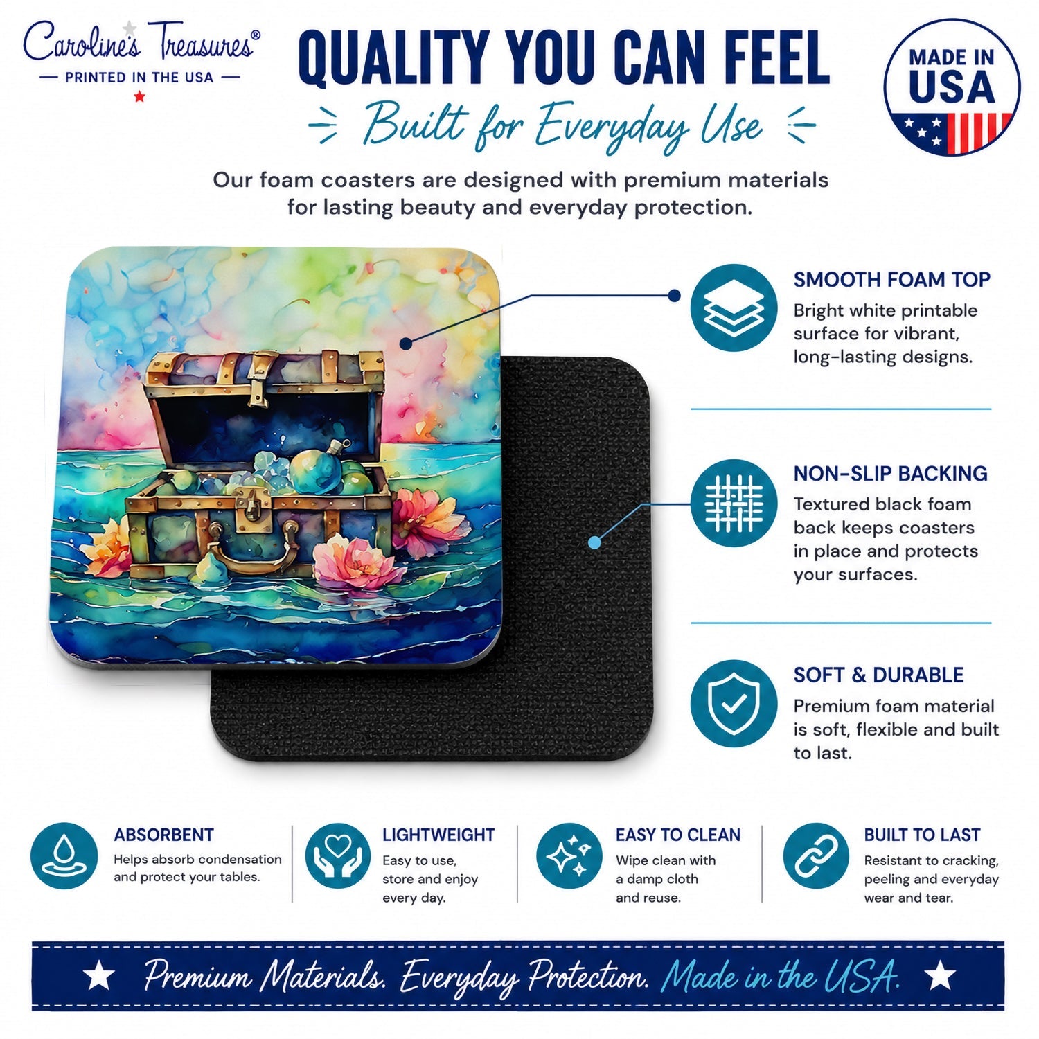 Treasure Chest Foam Coasters Set of 4 Cup Coasters for Indoor Outdoor, Tabletop Protection, Anti Slip, Mouse pad Material