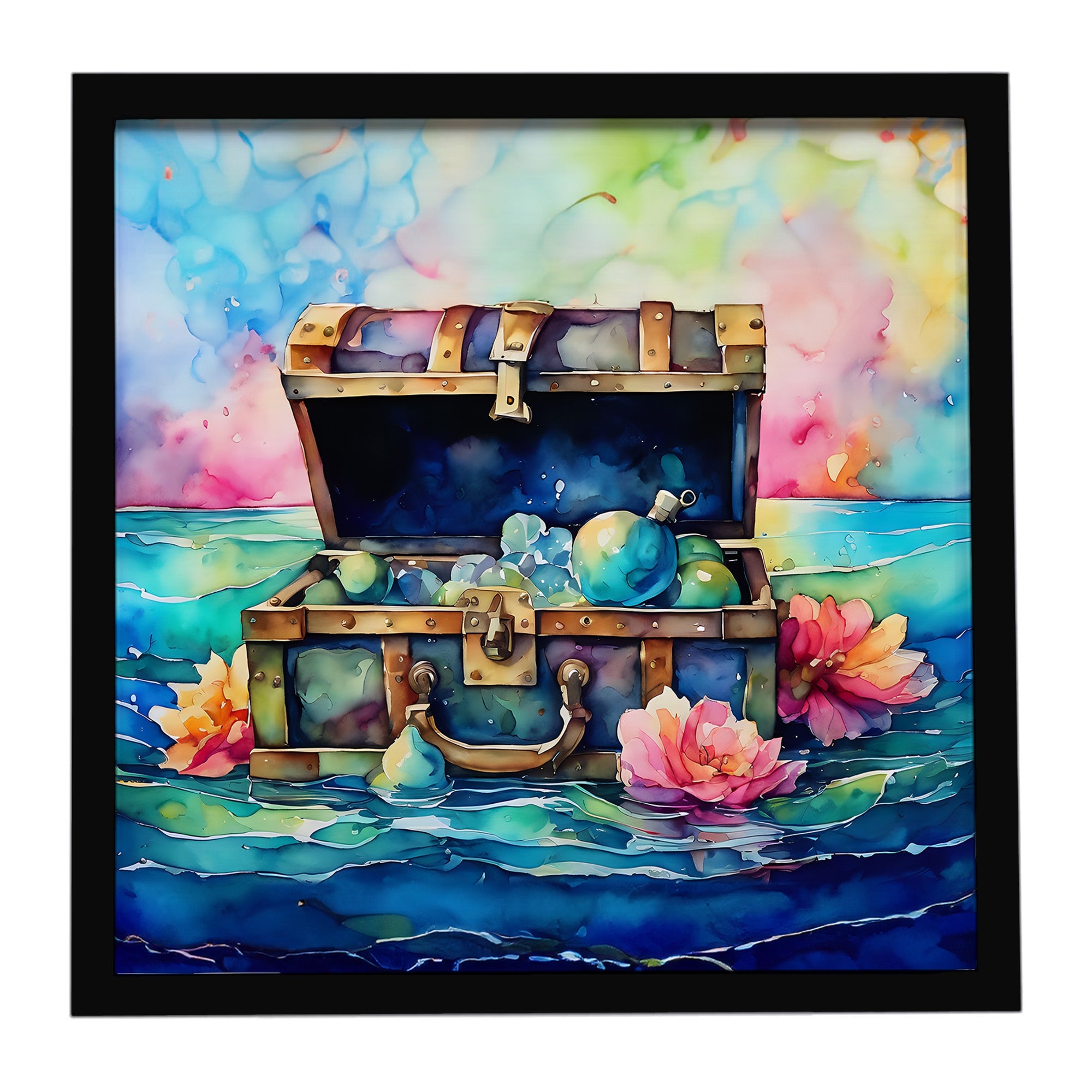 Treasure Chest Framed Metal Print Bathroom, Kitchen, Office, Home Decor Wall Art Ready to Hang, Square, 8X8