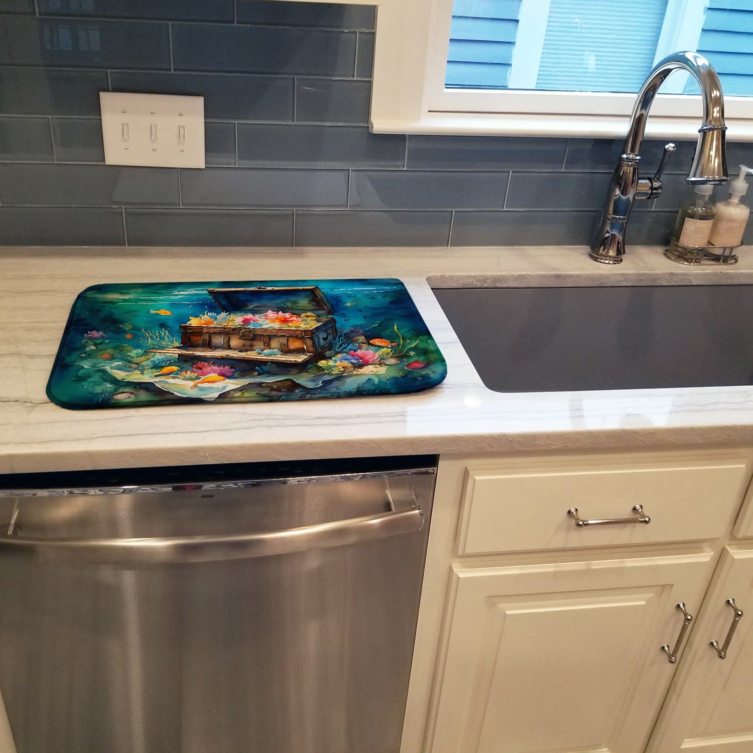 Treasure Chest Dish Drying Mat Absorbent Dish Drying Mat Pad for Kitchen Counter Dish Drainer Mat for Countertop, 14 x 21", Multicolor