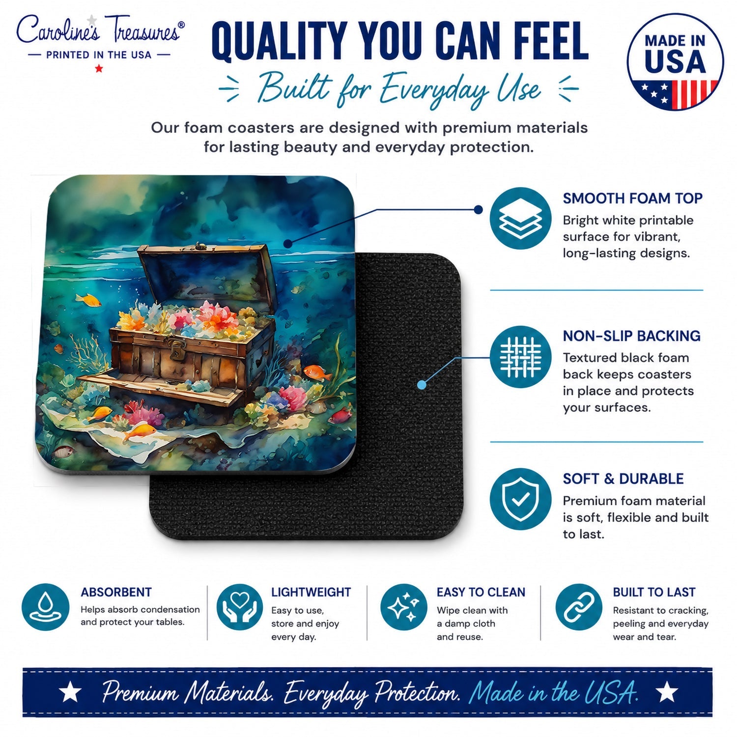 Treasure Chest Foam Coasters Set of 4 Cup Coasters for Indoor Outdoor, Tabletop Protection, Anti Slip, Mouse pad Material