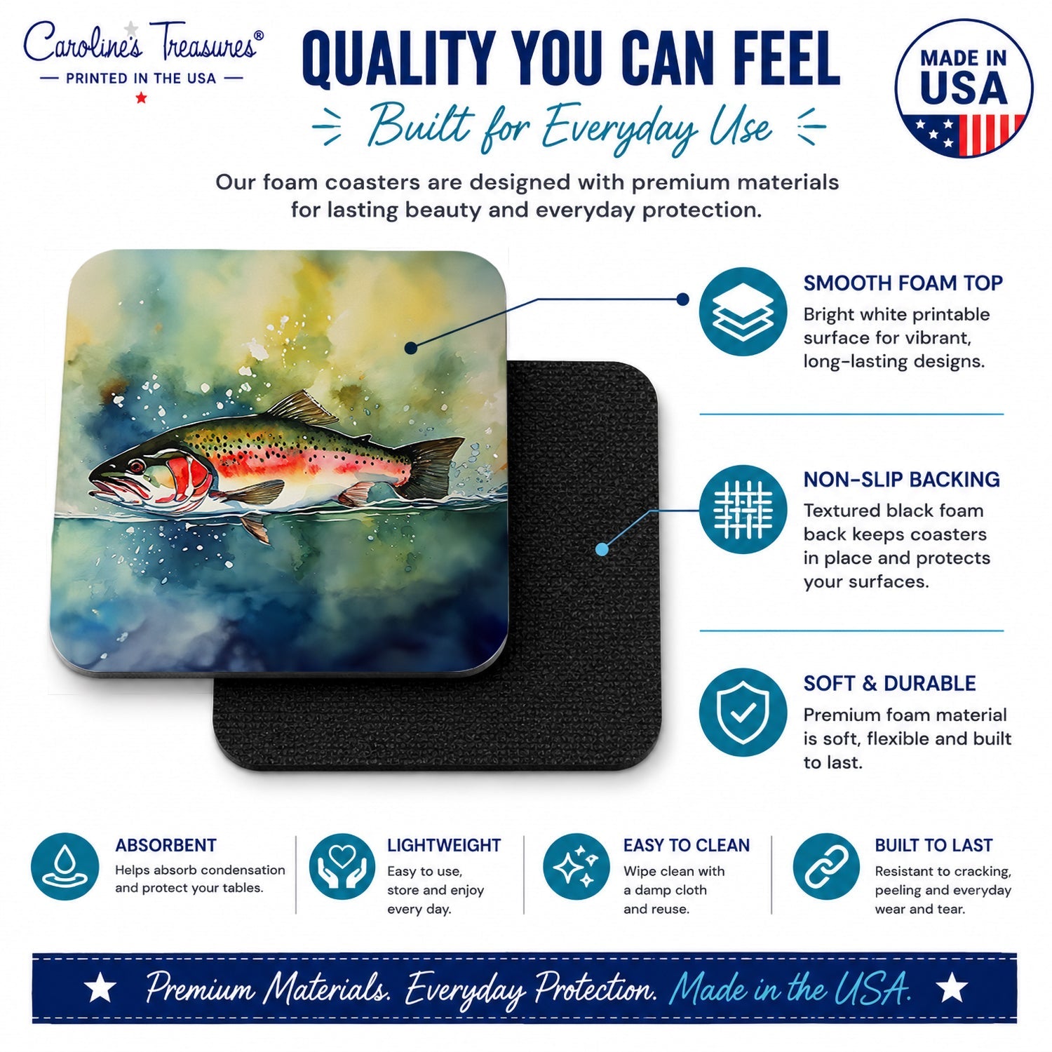 Trout Foam Coasters Set of 4 Cup Coasters for Indoor Outdoor, Tabletop Protection, Anti Slip, Mouse pad Material