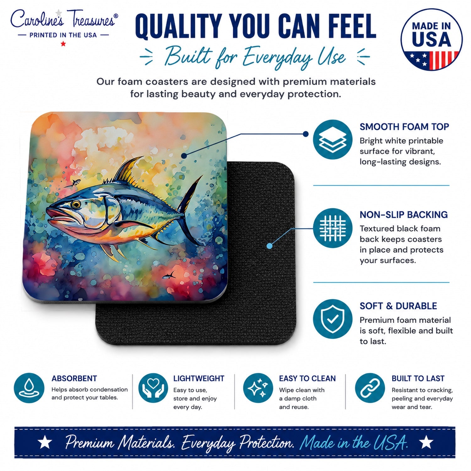 Yellowfin Tuna Foam Coasters Set of 4 Cup Coasters for Indoor Outdoor, Tabletop Protection, Anti Slip, Mouse pad Material