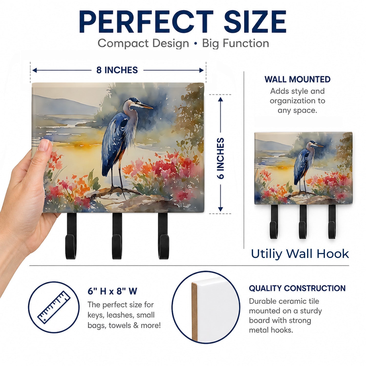 Blue Heron Leash or Key Holder Wall Hooks, Coat Rack Wall Mount, for Hanging Keys, Towels, Aprons, Leashes